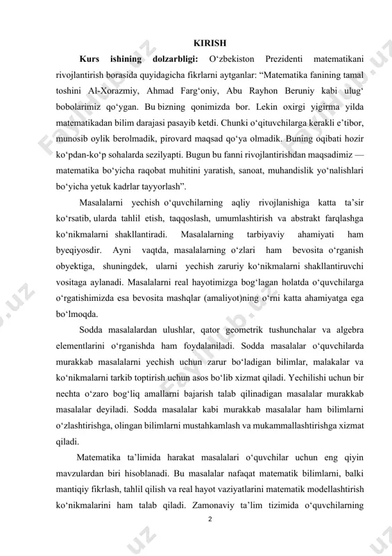 etrik tushunchalar va algebra elementlarini o‘rganishda ham foydalaniladi. sodda masalalar o‘quvchilarda murakkab masalalarni yechish uchun zarur bo‘ladigan bilimlar, malakalar va ko‘nikmalarni tarkib toptirish uchun asos bo‘lib xizmat qiladi. yechilishi uchun bir nechta o‘zaro bog‘liq amallarni bajarish talab qilinadigan masalalar murakkab masalalar deyiladi. sodda masalalar kabi murakkab masalalar ham bilimlarni o‘zlashtirishga, olingan bilimlarni mustahkamlash va mukammallashtirishga xizmat qiladi. matematika ta’limida harakat masalalari o‘quvchilar uchun eng qiyin mavzulardan biri hisoblanadi. bu masalalar nafaqat matematik bilimlarni, balki mantiqiy fikrlash, tahlil qilish va real hayot vaziyatlarini matematik modellashtirish ko‘nikmalarini ham talab qiladi. zamonaviy ta’lim tizimida o‘quvchilarning matematik savodxonligini oshirish va amaliy matematik ko‘nikmalarni rivojlantirish muhim vazifa sifatida belgilanmoqda. harakat masalalari matematika kursining ajralmas qismi bo‘lib, real hayotdagi ko‘plab vaziyatlarni matematik til orqali ifodalash va yechish imkonini beradi. transport, logistika, iqtisodiyot va boshqa sohalarda uchraydigan amaliy masalalarning aksariyati harakat masalalari asosida qurilgan. shu sababli, bu mavzuni o‘rgatish metodikasini takomillashtirish zamonaviy ta’limning muhim talablaridan biridir. o‘quvchilar …