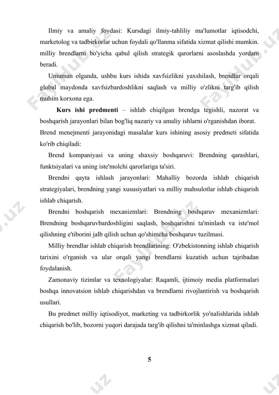 ichiga oladi. bu yerdan foydalanish uchun foydalanish mumkin: brend darajasini o'rganish: brendning monitoringi, vositalari va uning bozordagi o'rni haqida ma'lumotlarni tahlil qilish. brendni boshqarish jarayonlarini o'rganish mahalliy bozorda brendning asosiy bosqichlari va strategiyalarini aniqlash. milliy brendlarning muvaffaqiyatini tahlil qilish: o'zbekistonning ishlab chiqarish brendlari ishlab chiqarishni o' va rivojlantirish bo'yicha ishlab chiqarish. brendni boshqarish mexanizmlarini aniqlash: brendni boshqarish tizimini ta'minlash, nazoratbardoshligini tekshirish va iste'mol qilish tizimini boshqarishga boshqarish usullarini o'rganish. amaliy tavsiyalar ishlab chiqarish chiqish: milliylarni rivojlantirish va xalqaro maydonga chiqish bo'yicha innovatsion brendlarni ishlab chiqarishni taklif qilish. ushbu maqsad va vositalar orqali brend menejmentning rivojlanishi, uning iqtisodiy samaradorligini va xavfsizbardoshligini oshirishga yo'l qo'yilgan ilmiy-amaliy nazorati ko'rib chiqiladi. kurs ishi vazifasi –– bu kurs ishining paydo bo'lishidan kelib chiqib, harakat harakat: brend kompaniyasi, uning va funktsiyalarini tekshirish. brendni va rivojlanish jarayonlarining asosiy bosqichlarini o'rganish. o'zbekistonda mavjud brendlarning ishlab chiqarishni tahlil qilish. milliy brendlarni aniqlashda madaniy qadriyatlar va iqtisodiy o'rganishni o'rganish. brendni …