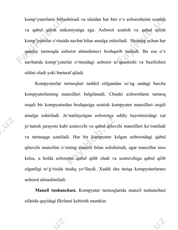 tezlik tushunchasi, birliklari va axborot kanallari sig‘imi. ma’lum vaqt oralig‘ida aloqa muhitlari orqali uzatiladigan axborot hajmi - uning uzatilish tezligini belgilaydi. xar qanday harakatlanuvchi jism va modda uchun tezlik tushunchasi va uning o‘lchov birliklari mavjud bo‘lganidek, axborotning ham uzatish tezligi hamda o‘lchov birliklari mavjuddir, bular: · bit/sekund – bir soniyada aloqa muhiti orqali uzatiladigan bitlar soni; · kbit/sekund – bir soniyada aloqa muhiti orqali uzatiladigan minglab yaxlitlangan bitlar soni; · mbit/sekund – bir soniyada aloqa muhiti orqali uzatiladigan millionlab yaxlitlangan bitlar soni; · gbit/sekund – bir soniyada aloqa muhiti orqali uzatiladigan milliardlab yaxlitlangan bitlar soni. axborot kanallarining sihimi ular orqali ma’lum vaqt oralig‘ida uzatiladigan axborot hajmi bilan belgilanadi. bu o‘z navbatida axborot kanallarining o‘tkazish qobilyatini anglatadi. kompyuterning salbiy va ijobiy tomonlari. kompyuterdan foydalananish bo‘yicha ma’lum me’yorlar, qoidalar va talablar mavjud. bunga kompyuterning joylashishi, xonaning yorug‘ligi, havo almashishiga bo‘lgan talablar va texnika xavfsizligi qoidalari kiradi. kompyuter ishlash vaqtida o‘zidan elektromagnit to‘lqinlarni …