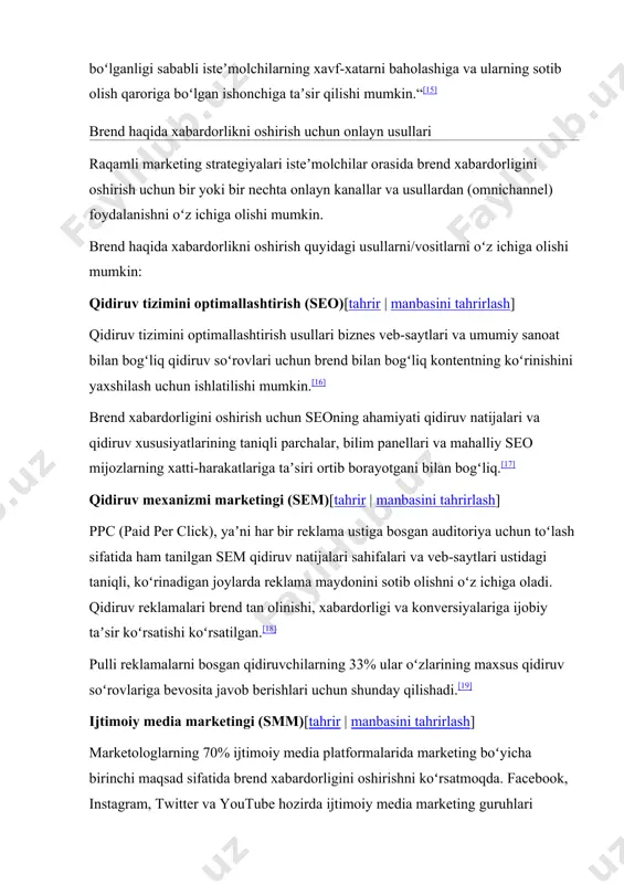 i-harakatlariga taʼsiri ortib borayotgani bilan bogʻliq.[17] qidiruv mexanizmi marketingi (sem)[tahrir | manbasini tahrirlash] ppc (paid per click), yaʼni har bir reklama ustiga bosgan auditoriya uchun toʻlash sifatida ham tanilgan sem qidiruv natijalari sahifalari va veb-saytlari ustidagi taniqli, koʻrinadigan joylarda reklama maydonini sotib olishni oʻz ichiga oladi. qidiruv reklamalari brend tan olinishi, xabardorligi va konversiyalariga ijobiy taʼsir koʻrsatishi koʻrsatilgan.[18] pulli reklamalarni bosgan qidiruvchilarning 33% ular oʻzlarining maxsus qidiruv soʻrovlariga bevosita javob berishlari uchun shunday qilishadi.[19] ijtimoiy media marketingi (smm)[tahrir | manbasini tahrirlash] marketologlarning 70% ijtimoiy media platformalarida marketing boʻyicha birinchi maqsad sifatida brend xabardorligini oshirishni koʻrsatmoqda. facebook, instagram, twitter va youtube hozirda ijtimoiy media marketing guruhlari tomonidan foydalaniladigan eng yaxshi platformalar sifatida qayd etilgan.[20] 2021-yildan boshlab linkedin oʻzining professional tarmoq imkoniyatlari uchun biznes rahbarlari tomonidan eng koʻp foydalaniladigan ijtimoiy media platformalaridan biri sifatida qoʻshildi.[21] kontent marketingi[tahrir | manbasini tahrirlash] marketologlarning 56% shaxsiylashtirilgan kontent - brendga yoʻnaltirilgan bloglar, maqolalar, ijtimoiy yangilanishlar, videolar, …