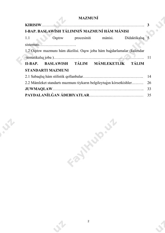n olardıń oqıw iskerligi procesine dúzetiwler kiritedi. soǵan kóre tálim birinshiden, oqıtıw, ekinshiden, oqıtıwdı, yaǵnıy oqıwdı hám usınıń menen birge onı baqlaw hám de dúzetiw ilajların óz ishine aladı. “tálim belgili nızamlıqlarǵa boysınadı hám ulıwma filosofiyalıq metodologiyaǵa muwapıq bul nızamlar tálim procesi menen bir qansha keńlew social processler ortasındaǵı ulıwma, zárúrli zárúr, turaqlı baylanıslardan, sonıń menen birge, tálimniń bólek komponentleri, yaǵnıy onıń maqseti, mazmunı, forması, usılları hám usılları ortasındaǵı ishki baylanısıwlardan ibarat. anıqlanǵan didaktik nızamlıqlardan qatar tiykarǵı talaplar kelip shıǵadı, olarǵa ámel qılıw oqıtıwshınıń sapalı hám nátiyjeli ámelge asırıwdı támiyinleydi”. tálim nátiyjesinde shaxs zárúrli bilimler menen támiyinlenip, keyingi waqıtta túrli dárejedegi arnawlı maǵlıwmattı alıw múmkinshiligine iye boladı. tálim procesi belgili dárejede kúshli motivlastırıwdan payda boladı hám ol shaxstıń kóz qarasları, isenimi, minez-qulqları, ulıwma kamalǵa, sońında bolsa onıń minez-qulqına tásir etetuǵın bilimler, kónlikpeler hám ilmiy tájriybeler kompleksiniń qáliplesiwine baylanıslı halda kórinetuǵın boladı. sonnan kelip shıqqan halda, biz bul kurs jumısınıń baslawısh …