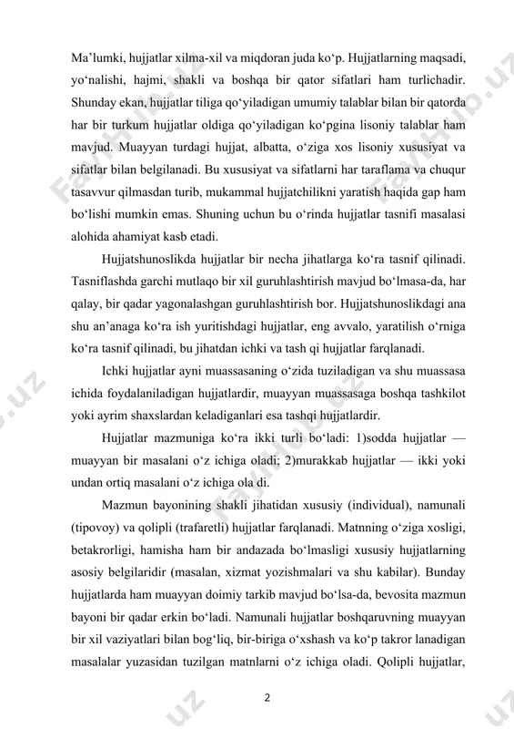 hujjatlar boshqaruvning muayyan bir xil vaziyatlari bilan bog‘liq, bir-biriga o‘xshash va ko‘p takror lanadigan masalalar yuzasidan tuzilgan matnlarni o‘z ichiga oladi. qolipli hujjatlar, odatda, oldindan tayyorlangan bosma ish qog‘ozlariga yoziladi, bunday hujjatlarda ikki turli axborot aks etadi, ya’ni o‘zgarmas (oldindan tayyor bosma matnda ifodalangan) va o‘zgaruvchi (hujjatni tuzish paytida kompyuterda yoki qo‘lda yoziladigan) axborotlar; shuning uchun bu tur hujjatlarga nisbatan ko‘pincha «yozmoq» emas, balki «to‘ldirmoq» so‘zi ishlatiladi. shu o‘rinda aytish kerakki, hujjatlarning qolipli turlarini kengaytirish — ish yuritishni takomillashtirishdagi istiqbolli yo‘llardan biridir. chunki bunday qilish hujjat matnlarini bir xillikka olib kelish va hujjat tayyorlash uchun ketadigan vaqt hamda mehnatni anchagina tejash imkoniyatini beradi. qolipli hujjatlar sirasiga, masalan, ish haqi yoki yashash joyi haqidagi ma’lumotnomalar, ayrim dalolatnomalar, xizmat safarlari guvohnomalari va boshqa ko‘plab hujjatlarni kiritish mumkin. hujjatlar tegishlilik jihatiga ko‘ra, xizmat yoki rasmiy hujjatlar va shaxsiy hujjatlarga ajratiladi. xizmat hujjatlari tayyorlanishiga ko‘ra muassasa yoki mansabdor shaxslarga tegishli bo‘lsa, shaxsiy hujjatlar yakka …