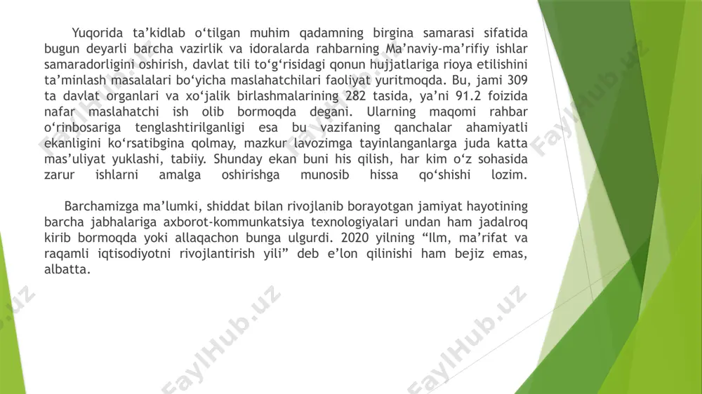 ngan nafaqat ichki, balki muhim qaror, farmon va farmoyishlar loyihalarini ko‘rib, bu hujjatlarni biror “tilchi” tayyorlagan degan xulosa qilish ham mumkin edi. ish jarayonida muloqotga kirishar ekanmiz, bir necha marta tortishgan paytlarimiz ham bo‘ldi. aksariyat hujjatlar davlat tilida tayyorlanishi bilan birga boshqa, xususan, rus tilidagi xatlar, ish rejalar ham yo‘q emasdi. ana shularni o‘zbek-davlat tilida tayyorlash zarur degan fikrni ilgari surishim natijasida kimlargadir yoqmaganligim ham rost. rus tilida ishlash oson bo‘lganlar uchun bir ishni ikki marta qilish kimga ham yoqardi, deysiz. ana shunda o‘z ona tilini hurmat qiladiganlar tomonidan amalda keng qo‘llanib kelinayotgan usulni taklif qildim. ya’ni biz ham o‘z tilimizning hurmatini joyiga qo‘ygan va boshqa tillarni kamsitmagan holda har qanday hujjatni, ayniqsa, xatlarning imzolangan nusxasini davlat tilida tayyorlash va zarur bo‘lsa, boshqa tildagi tarjimasini ilova qilishga kelishib oldik. menimcha, ishimiz ancha osonlashgandek bo‘ldi, hamkasblar ham bunga ko‘ndi. 2020 yil 10 aprel kuni muhtaram prezidentimiz shavkat mirziyoyev tomonidan “o‘zbek tili …