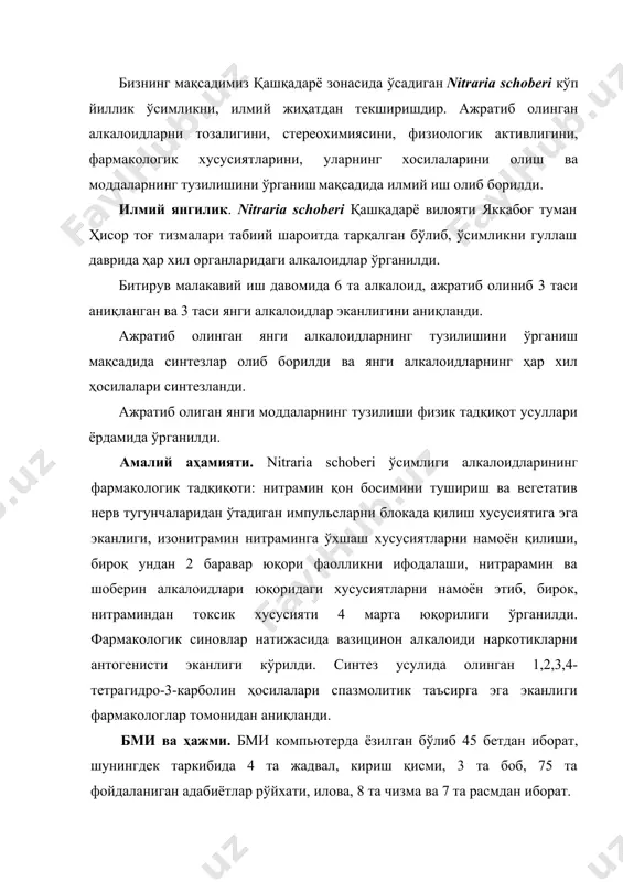 яккабоғ туман ҳисор тоғ тизмалари табиий шароитда тарқалган бўлиб, ўсимликни гуллаш даврида ҳар хил органларидаги алкалоидлар ўрганилди. битирув малакавий иш давомида 6 та алкалоид, ажратиб олиниб 3 таси аниқланган ва 3 таси янги алкалоидлар эканлигини аниқланди. ажратиб олинган янги алкалоидларнинг тузилишини ўрганиш мақсадида синтезлар олиб борилди ва янги алкалоидларнинг ҳар хил ҳосилалари синтезланди. ажратиб олиган янги моддаларнинг тузилиши физик тадқиқот усуллари ёрдамида ўрганилди. амалий аҳамияти. nitraria schoberi ўсимлиги алкалоидларининг фармакологик тадқиқоти: нитрамин қон босимини тушириш ва вегетатив нерв тугунчаларидан ўтадиган импульсларни блокада қилиш хусусиятига эга эканлиги, изонитрамин нитраминга ўхшаш хусусиятларни намоён қилиши, бироқ ундан 2 баравар юқори фаолликни ифодалаши, нитрарамин ва шоберин алкалоидлари юқоридаги хусусиятларни намоён этиб, бирок, нитраминдан токсик хусусияти 4 марта юқорилиги ўрганилди. фармакологик синовлар натижасида вазицинон алкалоиди наркотикларни антогенисти эканлиги кўрилди. синтез усулида олинган 1,2,3,4-тетрагидро-3-карболин ҳосилалари спазмолитик таъсирга эга эканлиги фармакологлар томонидан аниқланди. бми ва ҳажми. бми компьютерда ёзилган бўлиб 45 бетдан иборат, шунингдек таркибида 4 та …