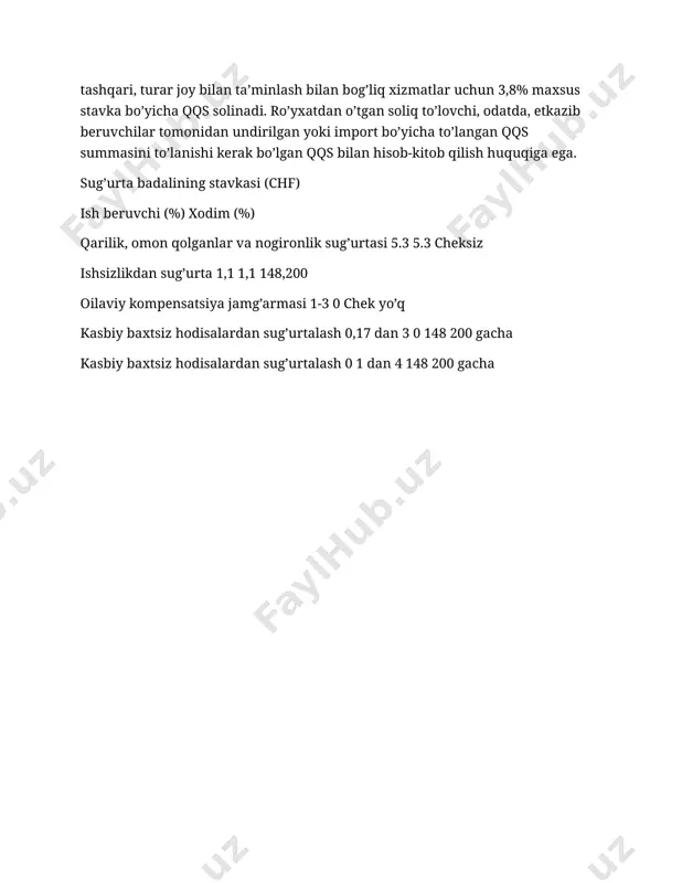 k sug’urtasi 5.3 5.3 cheksiz ishsizlikdan sug’urta 1,1 1,1 148,200 oilaviy kompensatsiya jamg’armasi 1-3 0 chek yo’q kasbiy baxtsiz hodisalardan sug’urtalash 0,17 dan 3 0 148 200 gacha kasbiy baxtsiz hodisalardan sug’urtalash 0 1 dan 4 148 200 gacha kasbiy pensiya sxemasi pensiya rejasiga qarab, ish beruvchiga xos pensiya rejasiga qarab, ish beruvchiga xos image1.jpeg image2.jpeg