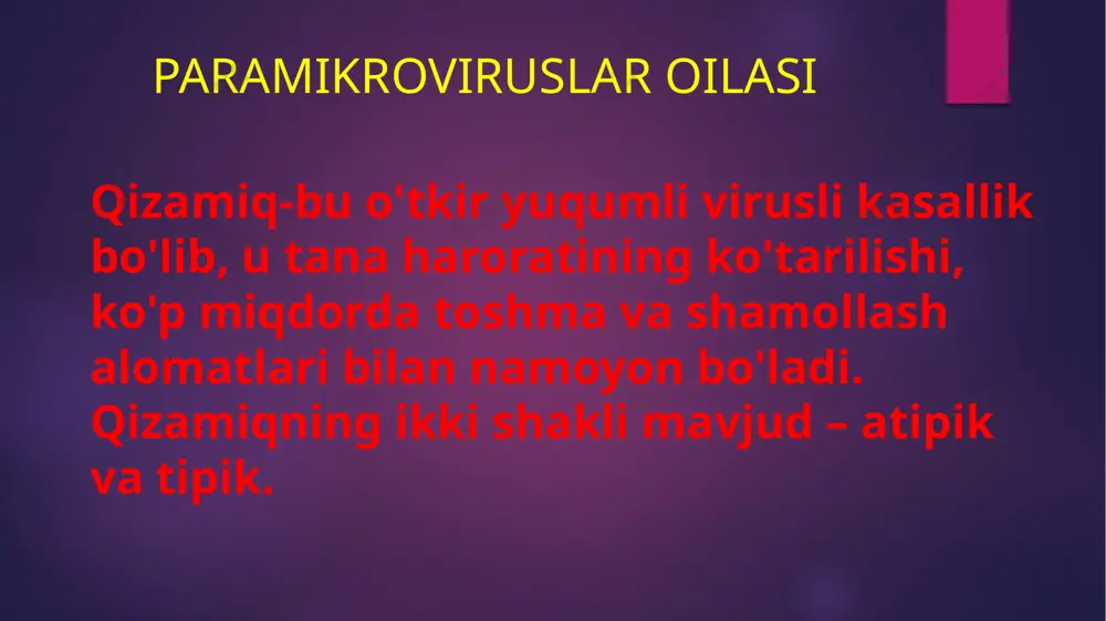 . grippni davolash harorat tushiruvchi dorilar; virusga qarshi dorilar; tomirlarni toraytiruvchi dorilar; balg`am ajratuvchi va yo'talga qarshi dorilar; multivitaminlar; o'simlik damlamasi va qaynatmalari bilan ingalyatsiya muolajasi; immunitetni ko`taruvchi dorilar; antigistamin dorilar. profilaktika grippga qarshi mavsumiy emlanish (mushak ichiga yuboriladigan inyeksiya yoki tomchi dori shaklida bo`ladi); maxsus dori vositalari bilan immunitetni mustahkamlash; vitamin c ichish; gripp avj olgan paytlarda odamlar ko`p to`planadigan joylarga bormaslik; uylarni doimiy ravishda shamollatib turish; bemor bilan bog‘lanish zarurati tug‘ilsa, himoya niqobini taqish. xavfli jihatlari zotiljam; bronxit; bronxiolit; eshitish qobiliyatining buzilishi; burun shilliq qavatining atrofiyasi; reye sindromi; meningit; ensefalit. etiboringiz uchun raxmat.!!! image6.jpeg image2.png image3.png image4.png image5.png /docprops/thumbnail.jpeg
