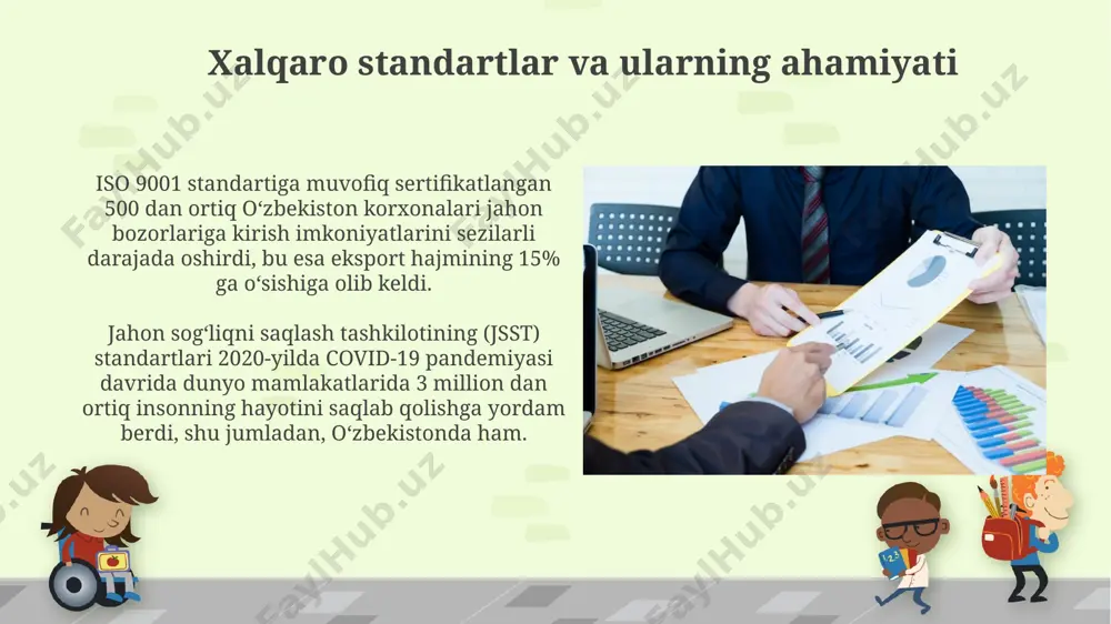 hahridagi avtomobil ishlab chiqarish zavodida standartlashtirishning ta'siri natijasida, 2022-yilda mahsulot chiqindilarining miqdori 15% ga kamaygan va ish unumdorligi 10% ga oshgan. sifat boshqaruvi tizimlarida standartlashtirish o'zbekistonning avtomobilsozlik sanoatida 2022 yilda joriy etilgan standartlar, sifat nazoratini yaxshilash orqali, 500 000 dan ortiq avtomobilning texnik xizmat ko'rsatish xarajatlarini 10% ga qisqartirdi. sifat boshqaruvi tizimlarida standartlashtirish iso 9001 standartiga muvofiq jarayonlarni 30% ga tezlashtirib, toshkentdagi korxonalarda 15% ga mahsulot chiqindilarini kamaytirdi. kelajakdagi istiqbollar va tavsiyalar kelajakda, xalqaro standartlashtirish tashkilotlari, masalan, iso 9001 singari, 5 yil ichida global miqyosda 20% ga ko'proq korxonalarni sertifikatlashtirishni maqsad qilishi mumkin. o'zbekiston kabi rivojlanayotgan mamlakatlarda standartlashtirish samaradorligini baholash uchun 2025 yilgacha 10 ta yangi milliy standart joriy etish va ularning ta'sirini tahlil qilish muhim. standartlashtirishdagi muammolar va ularning yechimlari standartlashtirish jarayonida 30% ga yaqin xatoliklar inson omiliga bog'liq bo'lib, bu esa toshkentdagi katta korxonalarda samaradorlikni pasaytiradi, shuning uchun avtomatlashtirilgan tizimlarni joriy etish muhim. samarqand viloyatida o'tkazilgan tadqiqotlar shuni …