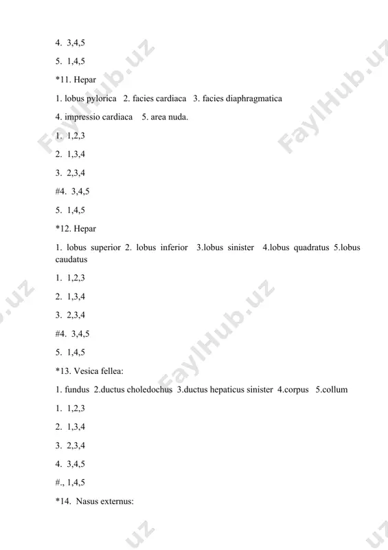 metrium 5. fimbria uterina #1. 1,2,3 2. 1,3,4 3. 2,3,4 4. 3,4,5 5. 1,4,5 *39. tuba uterina: 1. ostium abdominale 2. corpus albicans 3. ostium uterinum 4. parametrium 5. fimbria uterina 1. 2,4,5 #2. 1.3.5 3. 2,1,5 4. 1,2,3 5. 2,3,5 *40. tuba uterina: 1. margo liber 2. infundibulum 3. lig. latae uteri 4. fimbriae tubae 5. ampulla tubae uterinae #1. 2,4,5 2. 1,2,3 3. 2,3,5 4. 1,2,5 5. 1,4,5 *41. utherus: 1. collum 2. corpus 3. fundus 4. cervix 5. caput 1. 1,2,3 2. 1,3,4 #3. 2.3.4 4. 3,4,5 5. 1,4,5 *42. микроциркулятор тизимида булади: 1. артериола 2. артерия 3. вена 4. прекапилляр 5. капилляр 1. 1,2,3 2. 3,4,5 3. 2,3,5 #4. 1,4,5 5. 2,3.4 *43. юракда булади: 1. apex 2. bulbus 3. pars thoracica 4. basis 5. facies sternocostalis 1. 1,2,3 2. 3,4,5 3. 2,3,5 #4. 1,4,5 5. 2,3,4 *44. юракда булади: 1. pars diaphragmatica 2. facies diaphragmatica …