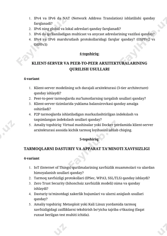 rver arxitekturasi asosida kichik tarmoq loyihasini ishlab chiqing. 5-topshiriq: tarmoqlarni dasturiy va apparat ta’minoti xavfsizligi 4-variant 1. iot (internet of things) qurilmalarining xavfsizlik muammolari va ulardan himoyalanish usullari qanday? 1. tarmoq xavfsizligi protokollari (ipsec, wpa3, ssl/tls) qanday ishlaydi? 1. zero trust security (ishonchsiz xavfsizlik modeli) nima va qanday ishlaydi? 1. dasturiy ta’minotdagi xakerlik hujumlari va ularni aniqlash usullari qanday? 1. amaliy topshiriq: metasploit yoki kali linux yordamida tarmoq xavfsizligidagi zaifliklarni tekshirish bo‘yicha tajriba o‘tkazing (faqat ruxsat berilgan test muhiti ichida). mustaqil ish javoblari 1-topshiriq 4-varitant 1.tarmoq qatlamida qo‘llaniladigan asosiy protokollar va ularning vazifalari: tarmoq qatlamida bir nechta asosiy protokollar mavjud, ularning har biri o'ziga xos vazifaga ega: · ip (internet protocol): ip protokoli kompyuterlar o‘rtasida ma'lumotlarni yo‘naltirish uchun javobgar. u tarmoqdagi manzillarga asoslangan ma'lumotni uzatadi va paketlarni to'g'ri yo'naltiradi. · arp (address resolution protocol): arp tarmoqdagi ip manzilini unga mos keluvchi mac manziliga aylantirish uchun ishlatiladi. bu kompyuterlar o'rtasidagi kommunikatsiya …