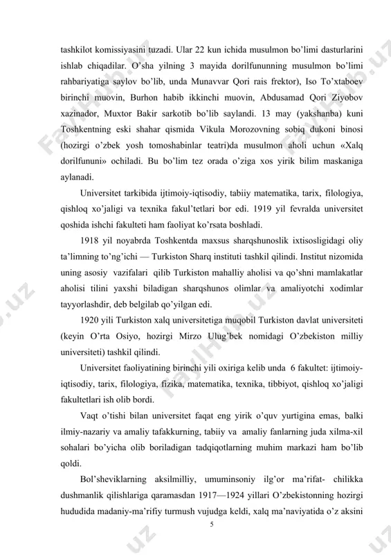 navvar qori rais frektor), iso to’xtaboev birinchi muovin, burhon habib ikkinchi muovin, abdusamad qori ziyobov xazinador, muxtor bakir sarkotib bo’lib saylandi. 13 may (yakshanba) kuni toshkentning eski shahar qismida vikula morozovning sobiq dukoni binosi (hozirgi o’zbek yosh tomoshabinlar teatri)da musulmon aholi uchun «xalq dorilfununi» ochiladi. bu bo’lim tez orada o’ziga xos yirik bilim maskaniga aylanadi. universitet tarkibida ijtimoiy-iqtisodiy, tabiiy matematika, tarix, filologiya, qishloq xo’jaligi va texnika fakul’tetlari bor edi. 1919 yil fevralda universitet qoshida ishchi fakulteti ham faoliyat ko’rsata boshladi. 1918 yil noyabrda toshkentda maxsus sharqshunoslik ixtisosligidagi oliy ta’limning to’ng’ichi — turkiston sharq instituti tashkil qilindi. institut nizomida uning asosiy vazifalari qilib turkiston mahalliy aholisi va qo’shni mamlakatlar aholisi tilini yaxshi biladigan sharqshunos olimlar va amaliyotchi xodimlar tayyorlashdir, deb belgilab qo’yilgan edi. 1920 yili turkiston xalq universitetiga muqobil turkiston davlat universiteti (keyin o’rta osiyo, hozirgi mirzo ulug’bek nomidagi o’zbekiston milliy universiteti) tashkil qilindi. universitet faoliyatining birinchi yili oxiriga kelib unda …