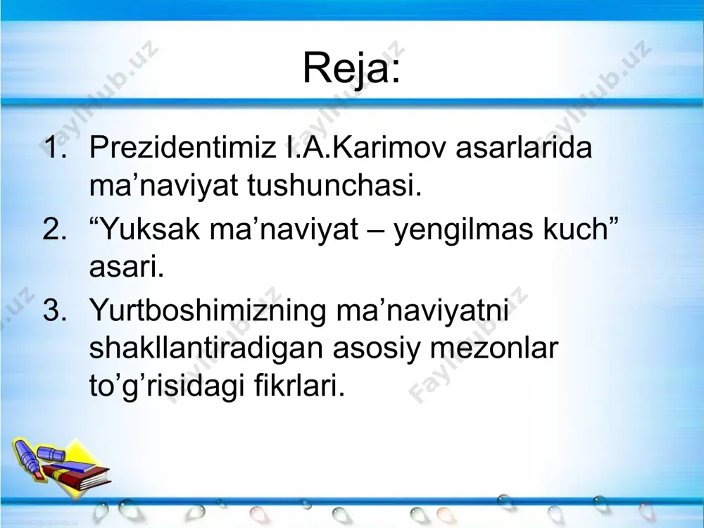 at millatning o’tmishi, buguni va kelajagini qamraydi, ularni yaxlit tizimda tutib turadi. o’tmish ajdodlarimiz merosi bugungi jahon darajasi bilan uyg’unlashtirilsa, mamlakatimizdagi voqe ahvolga tatbiq etilsa, undan kelajak kurtaklari unib chiqadi, kelajak siymosi shakllanadi. shu sababli ham i.a.karimov o’zbekiston prezidenti lavozimiga saylangan dastlabki kunlardan beri xalq ma’naviyatini yuksaltirishga birinchi darajali e’tibor qaratib kelmoqda. 1990 yil 24 mart oliy kengash sessiyasida o’zbekistonda birinchi marta prezident lavozimi joriy etilib, islom abdug’anievich karimov ushbu lavozimga munosib topilgach, o’zbekiston prezidentining birinchi nutqidayoq “xalqni ma’naviy yuksaltirish, insonni axloqiy va ma’naviy yuksaltirish” masalasi davlat rahbarining eng muhim vazifalaridan ekanligi alohida ta’kidlab o’tildi. milliy mustaqilligimizning ikkinchi yilida prezident “o’zbekistonning o’z istiqlol va taraqqiyot yo’li” risolasini e’lon qildi. ushbu kitobning alohida bobi “mustaqil o’zbekistonni rivojlantirishning ma’naviy-axloqiy negizlari” deb nomlandi va unda ilk bor xalq ma’naviyatini rivojlantirish masalalari batafsil tahlil etildi. “ma’naviyat - insonning, xalqning, jamiyatning, davlatning kuch-qudratidir. u yo’q joyda hech qachon baxt-saodat bo’lmaydi”,-deb yozgan edi prezident mustaqillikning dastlabki …