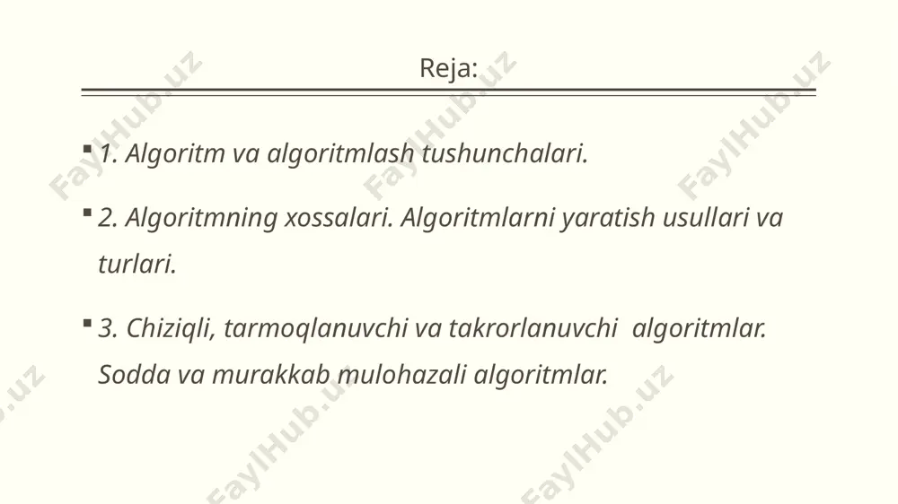 berilgan ko'rsatmalarning aniq bajarilishining ajoyib namunasi bo'sh mikroto'lqinli pech bo'lib, uning ichida oziq-ovqat bo'lmasa ham ishlashda davom etadi. algoritm so’zi qaysi o’zbek mutafakkiri ismidan kelib chiqqan? buyuk o’zbek mutafakkiri al-xorazmiyning (783-855) ishlari bilan yevropaliklarning birinchi bor tanishishi bilan bogliqdir. bu ilmiy ishlar ularda juda chuqur taasurot qoldirib, algoritm (algoritm) so’zining kelib chiqishiga sabab bo’ldiki, u al-xorazmiy ismining lotincha aytilishidir. algoritm “algoritm” tushunchasi ta’riflanmaydigan asosiy tushuncha bo’lib, uning mazmunini quyidagicha tushuntirish mumkin. algoritm dеb, qo’yilgan masalani yеchish uchun ma'lum qoidaga binoan bajariladigan amallarning chеkli qadamlar kеtma-kеtligiga aytiladi. algoritmning ifodalanish usullari so’z yordamida formulalar yordamida jadval ko'rinishida algoritmik tilda dastur shaklida grafik shaklda algoritmni so‘zlar yordamida ifodalanishi. misol tariqasida suv havzasi oldida turgan a litrli va b litrli suv idishi bor ijrochi uchun {a ni to’ldir; b ni to’ldir; a dan b ga quy; b dan a ga quy; a ni bo’shat; b ni bo’shat} ko’rsatmalar sistemasini olish mumkin. bu ijrochiga xos …