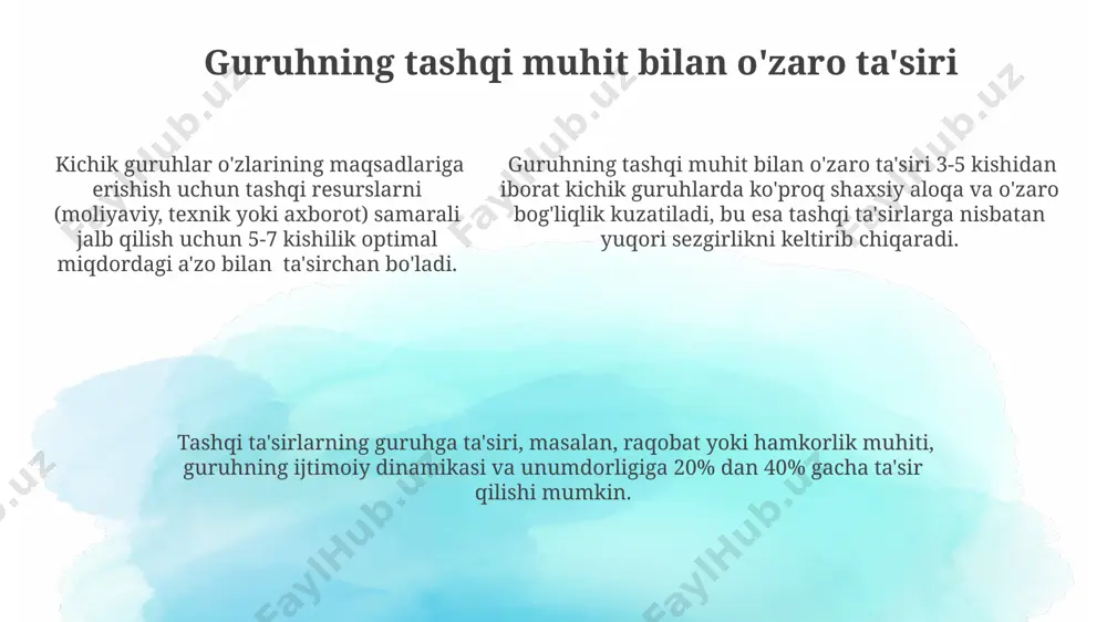 h, boʻron, normani shakllantirish, ishlash va yakunlash. har bir bosqich oʻziga xos xususiyatlarga ega. qaror qabul qilish jarayoni kichik guruhlarda qaror qabul qilishda, 3-7 kishilik guruhlar optimal samaradorlikni namoyon etadi, chunki bu kattaroq guruhlardagi chalkashlik va kichikroq guruhlardagi fikrlarning cheklanganligidan qochadi. qarorlarni qabul qilish jarayonida 5 bosqichli model mavjud: muammo aniqlash, alternativlarni ishlab chiqish, baholash, tanlash va amalga oshirish. ushbu bosqichlar to'liq bajarilmaganida xatolik ehtimoli ortadi. qarorlarni qabul qilish jarayonida 5 bosqichli model mavjud: muammo aniqlash, alternativlarni ishlab chiqish, baholash, tanlash va amalga oshirish. ushbu bosqichlar to'liq bajarilmaganida xatolik ehtimoli ortadi. guruh samaradorligi va unumdorligi guruh a'zolarining o'zaro bog'liqligi va rol taqsimoti 20% gacha samaradorlikni oshirishi mumkin, bu esa aniq vazifalar va mas'uliyatlar belgilangan hollarda kuzatiladi. “guruh fikri” hodisasi guruh a'zolarning 70% dan ko'prog'i xato fikrga qo'shilishi bilan xarakterlanadi va guruh qarorlarining sifatiga salbiy ta'sir ko'rsatishi mumkin. kichik guruhlarda 3-5 kishilik tarkib optimal samaradorlikni ta'minlaydi, chunki bu miqdor muloqot va …