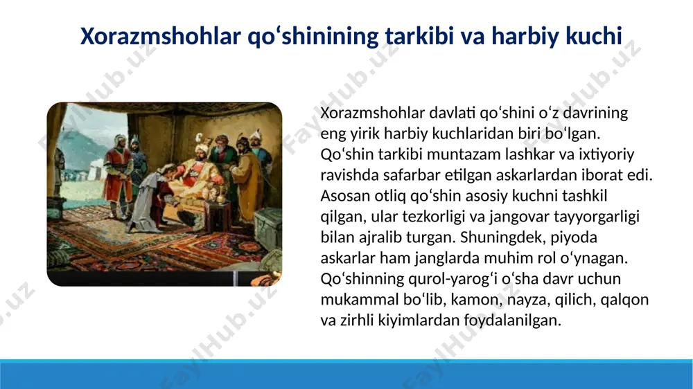 urgan. harbiy mansablarning aniq taqsimoti, qat’iy intizom va samarali boshqaruv tizimi davlatning kuch-qudratini mustahkamlashda muhim omil bo‘lgan. xorazmshohlar harbiy san’ati va strategiyalari dushman ustidan g‘alaba qozonishda, hududlarni kengaytirishda hal qiluvchi ahamiyat kasb etgan. bugungi kunda bu tarixiy tajribani o‘rganish o‘zbek xalqi harbiy merosining boyligini anglashda, shuningdek, milliy tarixni yanada chuqurroq idrok etishda katta ahamiyatga ega. foydalanilgan adabiyotlar karimov, i. a. yuksak ma’naviyat – yengilmas kuch. – toshkent: ma’naviyat, 2008. muhammadjonov, a. o‘zbekiston tarixi. – toshkent: “o‘qituvchi”, 2010. rajabov, a. o‘zbekiston davlatchilik tarixi. – toshkent: sharq, 2014. yoqubov, h. xorazmshohlar davlati tarixi. – urganch: xorazm, 2016. sodiqov, m. harbiy san’at tarixi. – toshkent: fan va texnologiya, 2011. barthold, v. v. turkiston tarixi. – toshkent: fan, 1993. g‘ulomov, a. markaziy osiyo o‘rta asrlarda. – toshkent: ma’naviyat, 2012. xo‘jayev, sh. qadimgi va o‘rta asrlar harbiy ishlari. – toshkent: universitet, 2017. etiboringiz uchun raxmat! image1.png image2.png image3.png /docprops/thumbnail.jpeg
