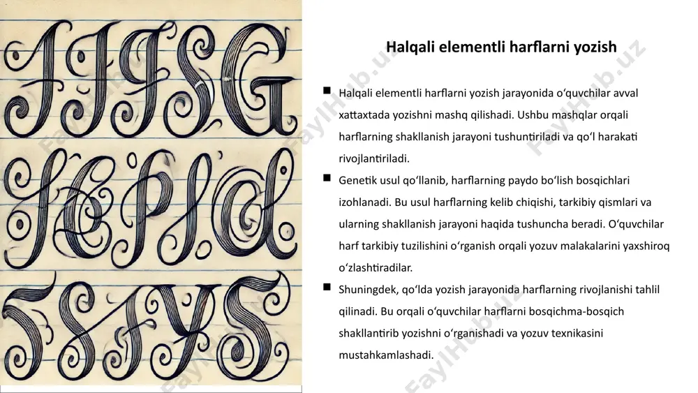 iborat ekanligini va ularning bir-biriga bog‘lanish usullarini ko‘rib chiqishadi. bu usul harflarni chiroyli va to‘g‘ri yozish ko‘nikmasini mustahkamlashga yordam beradi. 7 ongli yozuv va xatolar ustida ishlash o‘quvchilarning savodxonligini oshirish va yozuv texnikasini yaxshilash uchun yozuv malakalarini ongli o‘zlashtirish usuli qo‘llaniladi. bu usulda harflarni yozish jarayoni izchil tushuntirilib, o‘quvchilar harflarning shakli, ulanishi va yozilish tartibini anglab yetishadi. harflarni bir-biriga bog‘lash ko‘nikmasini rivojlantirish uchun qo‘l uzmasdan yozish usuli mashq qildiriladi. bu usul orqali o‘quvchilar yozuv tezligini oshirish va husnixatni chiroyli saqlashni o‘rganadilar. dars jarayonida xatolar ustida ishlash ham muhim o‘rin tutadi. o‘quvchilar tomonidan noto‘g‘ri yozilgan harflar aniqlanib, ularning kamchiliklari tahlil qilinadi va to‘g‘ri shaklda yozish amaliyoti takrorlanadi. bu usul xatolarni anglash va kelajakda ularni takrorlamaslikka yordam beradi. 8 dars yakuni va uyga vazifa dars yakunida faol o‘quvchilar rag‘batlantiriladi, ularning ishtiroki baholanadi va motivatsiya beriladi. bu o‘quvchilarning ishtirokini oshirishga yordam beradi.o‘quvchilarning mavzuni qay darajada o‘zlashtirganini tekshirish uchun mustahkamlash savollari beriladi. masalan: halqali …