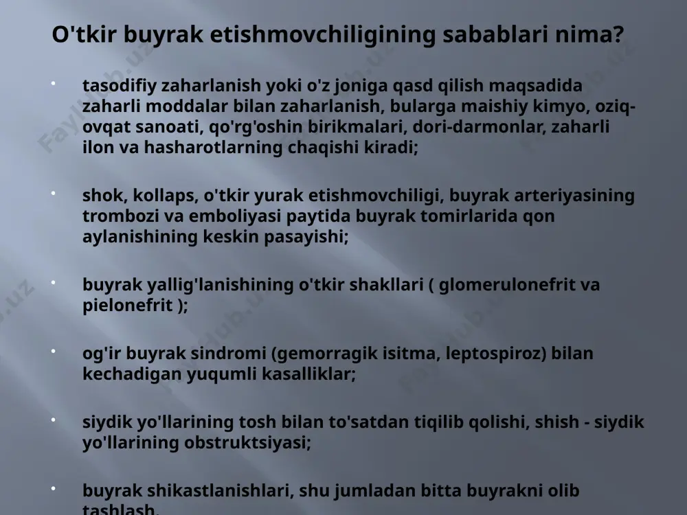 ilarni qo'llash natijasida siyish bilan bog'liq muammolar. a-prerenal buyrak etishmovchiligi ; b-postrenal buyrak etishmovchiligi; c - buyrak buyrak etishmovchiligi. alomatlar buyrak disfunktsiyasi kuchayadi va siydik miqdori kamayadi. shu tufayli organizmda zararli metabolik mahsulotlar saqlanib qoladi va suv-tuz balansida buzilishlar paydo bo'ladi. kunlik siydik hajmining 400 ml dan kam pasayishi; zaiflik, letargiya, letargiya; ishtahaning pasayishi; ko'ngil aynishi va qayt qilish; mushaklarning burishishi (qondagi ion tarkibining buzilishi tufayli); nafas qisilishi; kardiopalmus; aritmiyalar; qorin og'rig'i; ba'zi bemorlarda oshqozon yarasi va oshqozon-ichakdan qon ketish kuzatiladi; tananing zaiflashishi fonida siydik, nafas olish tizimi, qorin bo'shlig'i infektsiyalari. buyrak etishmovchiligi diagnostikasi umumiy siydik tahlili: buyrak funktsiyasi buzilishining sababiga qarab siydik zichligi o'zgarishi; oz miqdordagi protein; urolitiyoz, infektsiya, shish, shikastlanish uchun qizil qon hujayralari; leykotsitlar - infektsiyalar, otoimmün kasalliklar uchun. siydikni bakteriologik tekshirish. agar buyrak funktsiyasining buzilishi infektsiyadan kelib chiqqan bo'lsa, tadqiqot davomida patogen aniqlanadi. ushbu tahlil shuningdek, buyrak etishmovchiligi fonida yuzaga kelgan infektsiyani aniqlash va patogenning antibakterial …