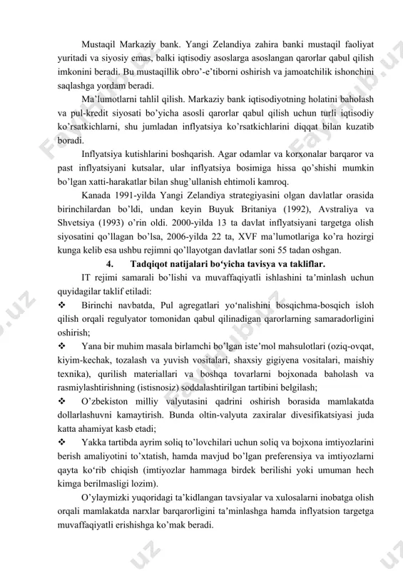 l qilgan birinchi davlat bo’ldi. avvaliga narxlarning ikki raqamli o’sish sur’atlariga o’rganib qolgan mamlakatda inflyatsiyani atigi ikki yil ichida 2 foizga tushirish niyati hamma tomonidan masxara qilindi. maqsad rasman qabul qilingandan so’ng, markaziy bank rahbari va uning jamoasi o’rtasida iqtisodiy qarorlar qabul qilinishi kerakligiga hammani ishontirish uchun tinglovchilar bilan - biznes vakillaridan tortib fermerlar va cherkov jamoalari bilan cheksiz uchrashuvlar bo’lib o’tdi va yillik inflyatsiyani 2% dan oshmaydigan darajada bo’lishini ta’kidladilar. “1992-yilga kelib noldan 2 foizgacha bo’lgan target biz cheksiz takrorlaydigan jumlaga aylandi", deb eslaydi brash. 1990-yillarda yangi zelandiyaning inflyatsiya maqsadliligini amalga oshirishdagi muvaffaqiyati bir qancha omillarning natijasi edi. aniq inflyatsiya maqsadi. yangi zelandiya zaxira banki inflyatsiya darajasi uchun aniq maqsadni belgilaydi. muloqot. inflyatsiyani nishonlash tizimida samarali muloqot muhim ahamiyatga ega. markaziy bank inflyatsiya maqsadini va unga erishish uchun foydalanmoqchi bo’lgan strategiyalarni e’lon qiladi. ushbu shaffoflik kutilmalarni shakllantirishga va iqtisodiy agentlarning xatti-harakatlariga ta’sir ko’rsatishga yordam beradi. pul-kredit siyosati vositalari. yangi …