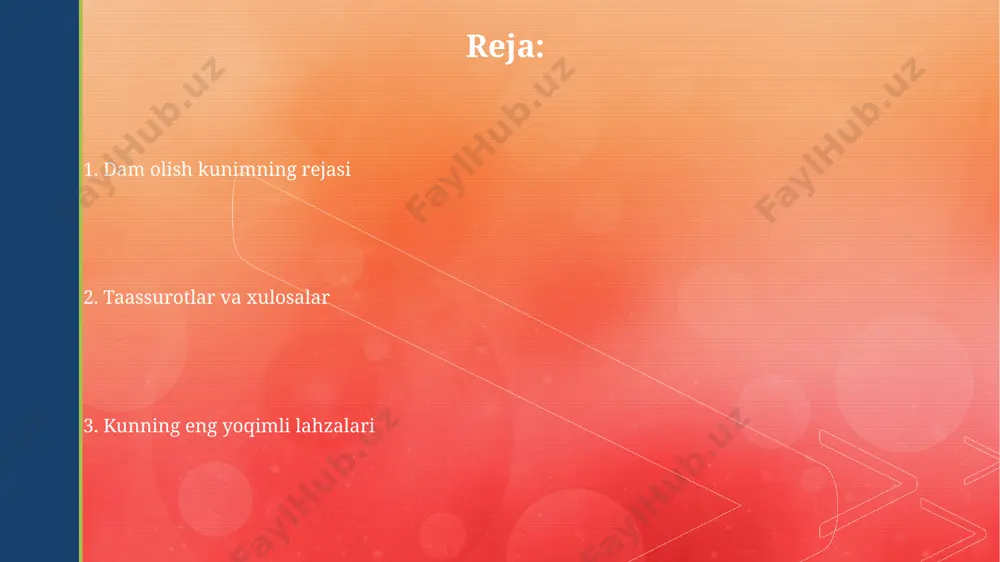 am muhim rol o'ynaydi. uy ishlarini samarali bajarish uchun 2 ta asosiy strategiyadan foydalanaman: vaqtni rejalashtirish va vazifalarni guruhlash. bu usul tufayli, o'rtacha 15% vaqt tejayman. kitob o'qish yoki film tomosha qilish o'rtacha uzunlikdagi badiiy film taxminan 1,5-2 soat davom etadi, kitobni o'qish vaqti esa o'quvchining tezligiga va kitob hajmining murakkabligiga bog'liq holda ancha farq qilishi mumkin. kitob o'qish miyani faol ravishda 20% ga ko'proq ishga soladi, bu esa xotirani va konsentratsiyani yaxshilashga yordam beradi, film tomosha qilishga nisbatan esa bu ko'rsatkich ancha past. oilaviy kechki ovqat oila a'zolari soniga qarab, har bir kishiga taxminan 250-300 gramm taom yetarli bo'ladi. bu miqdorni hisoblashda turli xil garnirlar va ichimliklarni ham hisobga olish kerak. oilaviy kechki ovqatni tayyorlash taxminan 1-1,5 soat vaqt talab qiladi, bu vaqtga mahsulotlarni sotib olish va dasturxon tuzatish ham kiradi. retseptlar soni 5 dan ortiq bo'lsa, tayyorgarlik murakkablashadi. erta tong: uyg'onish va nonushta nonushta uchun 2 ta tuxum, …