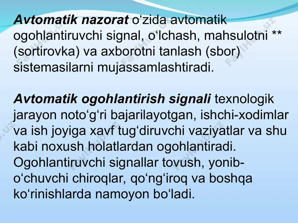 k kattaliklarni avtomatik nazorat qilish uchun qo‘llaniladi. undan tashqari boshqariladigan obektdan kerakli ma’lumotlarni olishda xam ishlatiladi (3.3 - rasm). art – obektni tavsiflovchi rostlanuvchi fizik kattalikni oldindan belgilangan qiymat chegarasida o‘zgarishini avtomatik tarzda ushlab turadi (3.4 rasm). abt – obektni avtomatik boshqarishni ta’minlaydi (3.5 rasm). ular ochiq va yopiq boshqarish tizimlarga bo‘linadi. teskari aloqa berk boshqarish tizimida jarayonni barqarorlashtirish uchun qo‘llaniladi (3.5 – rasm, b) akt da kirish signali belgilangan aniqlikda chiqish signaliga qayta ishlab chiqarilaradi. bunda kirish signalini qanday o‘zgarishi oldindan noma’mum bo‘ladi. bunga misol qilib obektning xolatini uzoqmasofadan boshqarishni olish mumkin. kuzatuvchi pribor d o qayd qilish ³urilmasi tb k ie ro se d ro – rostlash obekti tb – topshiriq beruvchi element se – solishtirish elementi io –ijrochi element xta - teskari aloqa signali - ochiq abt o -obekt d - datchiq k - kuchaytirgich k bo ie tb k ie d signali art t – toydiruvchi …