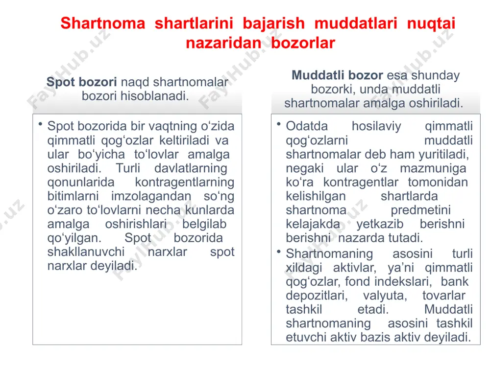 ish haqidagi tomonlarning kelishuvidir. shartnoma shartlari bitimni tuzish paytida kelishib olinadi. shartnoma ana shu kelishib olingan shartlar boʻyicha belgilangan muddatlarda amalga oshiriladi. shartnomani tuzishda tomonlar bitim amalga oshiriladigan narxni kelishib olishlari lozim boʻladi. ushbu narx yetkazib berish narxi deyiladi va forvard shartnomani amalga oshirish davrida oʻzgarishsiz qoladi. forvard shartnoma bilan aloqador forvard narx tushunchasi ham bordir. maʼlum bir davr uchun bazis aktivning forvard narxi deb – forvard shartnomani tuzish davrida unda belgilab qoʻyilgan narx tushiniladi. 11 forvard narxni aniqlashning usullari forvard shartnoma davrida daromad toʻlanmaydigan aktivlarning forvard narxi. forvard shartnoma davrida daromad keltiradigan aktivlarning forvard narxi. tovarlarning forvard narxi. forvard shartnoma davrida daromad toʻlanmaydigan aktivlarning forvard narxi. faraz qilaylik, investor yarim yildan soʻng “a” aksiyadorlik jamiyatining aksiyalariga ega boʻlmoqchi. u aksiyalarni ikki yoʻl bilan olishi mumkin: bugun ularni spot bozordan sotib olish orqali forvard shartnoma orqali yarim yildan unga keyin ega boʻlish orqali. agar forvard shartnomani imzolashda aksiyaning spot narxi …