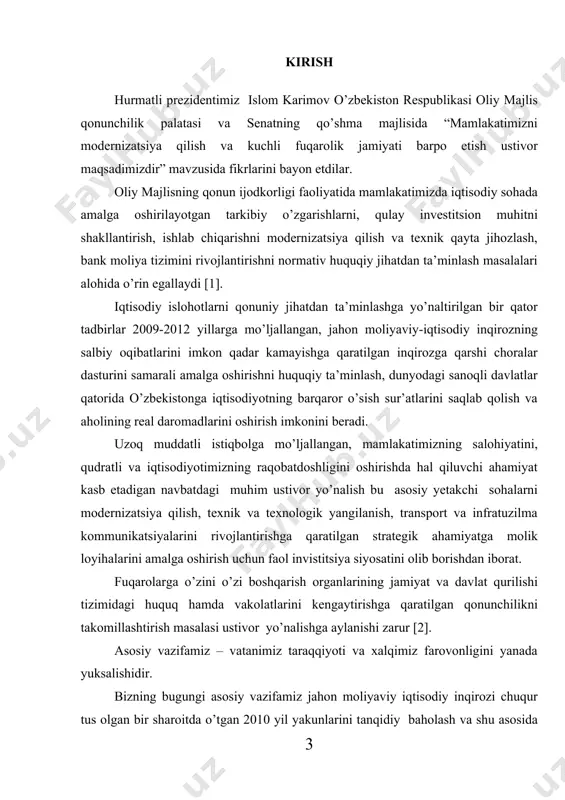 xnologik yangilanish, transport va infratuzilma kommunikatsiyalarini rivojlantirishga qaratilgan strategik ahamiyatga molik loyihalarini amalga oshirish uchun faol invistitsiya siyosatini olib borishdan iborat. fuqarolarga o’zini o’zi boshqarish organlarining jamiyat va davlat qurilishi tizimidagi huquq hamda vakolatlarini kengaytirishga qaratilgan qonunchilikni takomillashtirish masalasi ustivor yo’nalishga aylanishi zarur [2]. asosiy vazifamiz – vatanimiz taraqqiyoti va xalqimiz farovonligini yanada yuksalishidir. bizning bugungi asosiy vazifamiz jahon moliyaviy iqtisodiy inqirozi chuqur tus olgan bir sharoitda o’tgan 2010 yil yakunlarini tanqidiy baholash va shu asosida 2011 yilda mamlakatimizni ijtimoiy - iqtisodiy rivojlantirishning eng muhim ustivor yo’nalishlarining belgilab olishdan iboratdir. inqirozga qarashli choralar dasturi doirasida amalga oshirilgan yana bir yo’nalish mamlakatimizdagi mahsulot eksport qiladigan korxonalarni qo’llab-quvvatlash va rag’batlantirish, eksport salohiyatini mustahkamlash bo’yicha qabul qilingan amaliy choralar muhim ahamiyatga ega bo’ladi.[3]. 2010-yilda o’z oldimizga qo’yilayotgan yuksak maqsad, vazifa va rejalar qanday og’ir bo’lmasin, bularning barchasi avvalo mamlakatimizning taraqqiy topgan davlatlar qatoriga chiqishi yangi qadamdir. mavzuning dolzarbligi. hozirgi kunda xalq xo’jaligining turli …