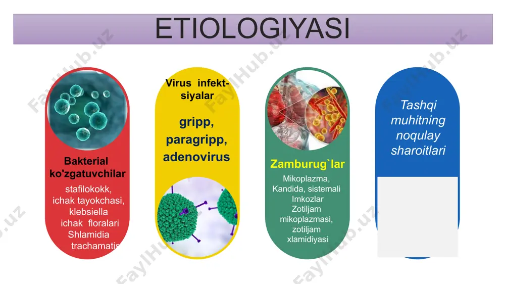en zamburug’lar yny a’sorati sovuq havo 1) arteriolalaming tarqalgan spazmi -1 bosqich; 2) mahalliy trombogemorragik sindrom -11 -bosqich; 3) o’pka mikroatelektaziga olib keluvchi surfaktant tanqisligi va alveolalar yopishishi - ш-bosqich. avval – ona va bola hotirjamligi! shoshilinch chora tadbirlar ko'rsatish 1 somatik statsionarda davolash yoki ambulator davolash 2 qa’tiy tartib va rejimga rioya qilish 3 6-12 oy davomida dispanser nazoratida bo’lish. 4 1 4 2 3 pnevmoniyani bosqichma - bosqich davolash davolash • fizioterapiya • stimullovchi davo • davolovchi jismoniy mashklar patogenetik davo : a)nafas etishmovchiligi bilan kurashish b)yurak -qon tomir etishmovchiligi bilan kurash v)dezintoksikatsion davo etiotrop davo: a)antibiotiklar b)immunoglobulinlar o'tkir bosqichida etiotrop va patogenetik davo o'tqazilishi kerak tuzalish bosqichida stimullovchi va so'rdiruvchi davo qilinadi(fizioterapiya ,lfk) zotiljam asoratsiz kechganda ovqatlantirish oddiy ovqatlantirishdan farq qilmaydi. organizmning suyuqlikka bo'lgan talabi "regidron"ning v^-1/3 sutkalik doza bilan qoplanadi(bolalarda hayotining birinchi yili sutkalik suyuqlik hajmi odatda 700-1000 ml dan kam emas).. zotiljamni davolashni birinchi etapida …
