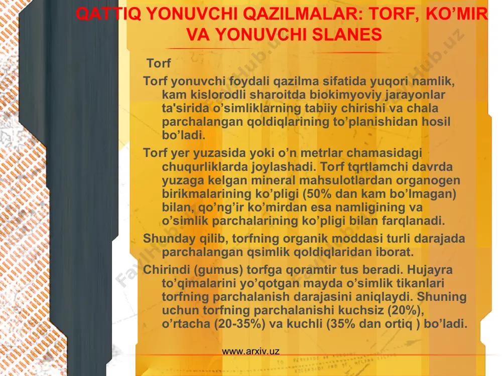 yonuvchi slanes konlarida yuqori miqdorda mis, molibden, uran, qo’rg’oshin, sink, vanadiy uchraydi. ular ma'dan xom ashyosi sifatida baholanadi. www.arxiv.uz www.arxiv.uz ko’mirli yotqiziqlarning hosil bo’lishi ko’mirning paydo bo’lishi ikki bosqichda, ya'ni gumitlanish (gumifikasiyalanish) va ko’mirlanish jarayonida sodir bo’ladi. gumitlanish bosqichi o’simlik tikanlarining yer usti suvlari ta'sirida parchalanishidan boshlanib, torf yoki sapropelitlarning paydo bo’lishi bilan tugallanadi. torfning paydo bo’lishi uchun parchalangan o’simlik materiallarining to’planishi oksidlanishga nisbatan ustunlik qilishi kerak. bunday jarayon kislorodning chegaralangan ishtirokida namlik sharoitida namoyon bo’lishi mumkin. o’simlik moddalari qurigandan keyin namlik sharoitiga tushib aerob va anaerob mikroorganizmlarning faol ta'siriga uchraydi. undan tashqari parchalanish jarayonida suv, havo, iqlim va ishqorlar qatnashadi. parchalanish jarayoni gumin kislotasini hosil qiladi. gumin kislotasi ko’ng’ir rangli amorf gumin moddasini vujudga keltiradi. oddiy kisloroddan to’liq chegaralangan sharoitda o’simlik va oddiy xayvonot organizmlarining parchalanishidan sapropellar tashkil topadi. sapropel paydo bo’lish jarayoni "bitumlanish" deb ataladi. bitumlanish moy va mumning parchalanishi natijasida moyli kislota va bitumlarning paydo bo’lishidir. www.arxiv.uz …