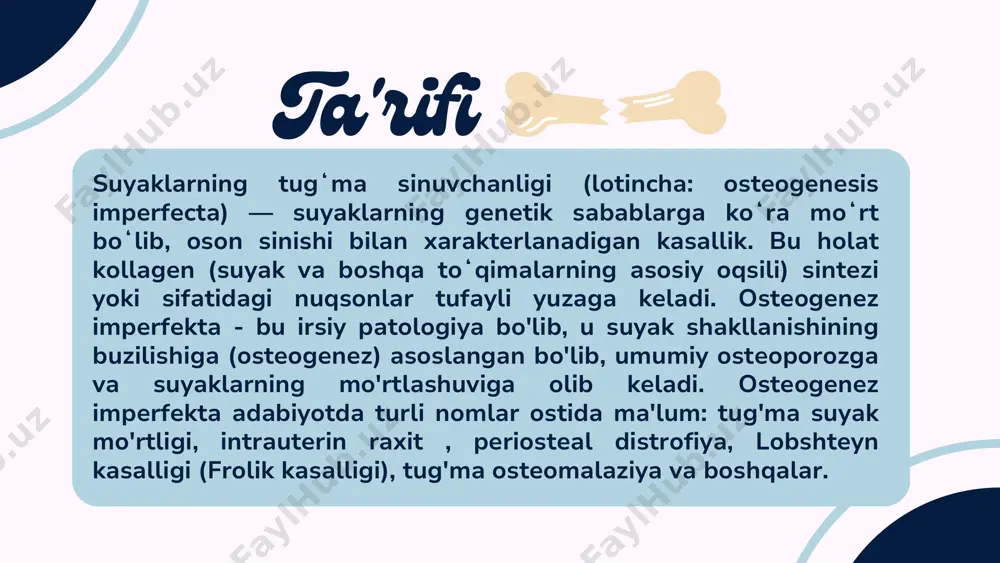 alashgan. bu suyaklarning mexanik xususiyatlari va patologik mo'rtligining pasayishiga olib keladi. sabablari lrsiyalanishi autosom-dominant: eng keng tarqalgan, yoki otadan yoki onadan oʻtadi. autosom-retsessiv: ogʻir shakllar, ham otadan , ham ona tashuvchi boʻlsa. spontan mutatsiyalar: ota-onalarda kasallik belgisi boʻlmasa ham yangi mutatsiyalar natijasida paydo bôladi. ekologik faktorlar: genetik kasallik boʻlib, tashqi muhit omillari (masalan, travma yoki ovqatlanish) uning rivojlanishida asosiy rol oʻynamaydi, lekin sinishlarning chastotasi va ogʻirligiga taʼsir qilishi mumkin. i tip- avtosomal dominant tipga ega, engil yoki o'rtacha oğir daraja . xarakterli xususiyatlar o'rtacha sinish, osteoporoz, ko'k sklera va erta eshitish qobiliyatini yo'qotish ; tishlarning kulrang rangda bôlishi ( dentin rivojlanishi nuqsoni) . tasnifi ii- tip.(ôtta oğir).autosomal retsessiv tipda irsiylanadi .prenatal yoki perinatal oʻlim bilan xarakterlanadi.koʻp sonli sinishlar va ogʻir skelet deformatsiyalari homiladorlikda aniqlanadi.oʻpka yetishmovchiligi tufayli hayot davomiyligi qisqa. qovurg'alar munchoqsimon shaklga ega, uzun naysimon suyaklari deformatsiyalangan, ko'krak qafasining sig'imi kamayadi. bachadonda bir nechta suyak sinishi sodir bo'ladi. tasnifi iii …
