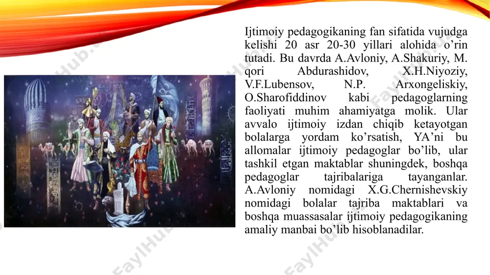 va o’quvchilar orasida tajriba, bilim, ma’naviy va axloqiy qadriyatlar almashinuvini tashkil qilish. 2.musobaqalashuv elementidan foydalanish. 3.o’quvchining ijtimoiy axloqiy xususiyatlarini-muomala, o’zaro tushunish, o’zaro yordam, do’stlik hissini rivojlantirish. buyuk olimlarning pedagogik qarashlari va faoliyatlarining ijtimoiy pedagogik yo’naltirilganligi, ularning avvalambor hayotga har tomonlama tayyorlash hisoblangan ta’lim maqsadini sharhlashlarida o’z ifodasini topgan. shaxsning jamiyatda o’z o’rnini belgilab olishini ta’minlab beruvchi eng muhim xususiyatlar deb, ular mehribonlik, yaqinlarga yordam, g’urur, vijdon, yaxshi niyatlilik, sabrni bilishgan. o’quvchilarning har tomonlama intellektual va mehnat tayyorgarliklariga katta e’tibor qaratib, forobiy va ibn sino yoshlarning jamiyatga “kirish”larining eng muhim omillari sifatida, faollik, mustaqil tashabbuskorlik, intiluvchanlik, qiziquvchanlik, ijodiy qobiliyatni hisoblashgan. ijtimoiy tarbiyada o’qituvchiga yetakchi o’rin ajratib, forobiy uning faoliyatini, jamiyatning kelajagi unga bog’liq bo’lgan hukmdor faoliyatiga qiyoslaydi. forobiy ham ibn sino kabi pedagog o’quvchilarning bilimlarini hayotga tadbiq etishlariga e’tibor berish lozimligiga ishora qilgan. qomusiy olimlar shaxsiy namunaga nihoyatda katta e’tibor berishgan hamda o’zlari ham intiluvchanlik, yuqori ijtimoiy mavqe’ga erishganlik namunasi bo’lib …