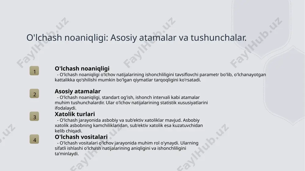 i kamaytirish - xatoliklarni kamaytirish uchun o'lchash jarayonlarini standartlashtirish va kalibrlashni amalga oshirish muhimdir, bu natijalarni ishonchliligini oshiradi. o'lchash noaniqligini baholash va uning amaliy qo'llanilishi. o'lchash noaniqligini baholash o'lchash noaniqligini baholash, eksperimental ma'lumotlarga asoslangan holda, statistik tahlil usullari orqali amalga oshiriladi, bu esa aniq natijalarni ta'minlaydi. amaliy qo'llanish o'lchash noaniqligi amaliyotda, ilmiy tadqiqotlar va sanoat jarayonlarida ishonchli o'lchovlarni ta'minlash uchun muhimdir, shuningdek, sifatni nazorat qilishda qo'llaniladi. o'lchov natijalarini tahlil o'lchov natijalarini tahlil qilish, ehtimollik taqsimotlari va standart og'ish yordamida, ma'lumotlar ustida chuqur fikr yuritishga imkon beradi, natijalarni baholaydi. o'lchash noaniqligi bo'yicha asosiy adabiyotlar va manbalar. 1 o'lchash noaniqligi asoslari o'lchash noaniqligi sohasidagi asosiy adabiyotlar, asosan, o'lchash nazariyasi va statistik tahlilga oid ilmiy maqolalar va kitoblardan iboratdir. 2 muqaddimalar va tavsiyalar o'lchash noaniqligi bo'yicha muhim tavsiyalar, milliy va xalqaro standartlardan kelib chiqqan holda, o'lchov jarayonlarini yaxshilashda qo'llaniladi. 3 asosiy manbalar o'lchash noaniqligi bo'yicha asosiy manbalar, o'z dst standartlari, ilmiy jurnallar va …
