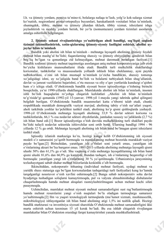 a xizmat ko’rsatish sohalarida amalga oshirilayotgan tadbir-choralar iste’molchilar himoyasini shakllantirib, aholi manfaatlarini ta’minlamoqda. inflyasiyaning oldini olish, so’mning harid kuchini saqlash, biznes-tijorat ustidan davlatning maromiy nazoratini o’rnatish, marketing , savdo, reklama kabilarni tartiblashtirish i.h. ni rivojlantirmoqda. ekologiya bilan bog’liq bir qancha katta himoyalash ishlari amalga oshirilib, suv, havo, yer va mahsulot tozaligiga erishilmoqda. o’qish, bilim olish, kasb tanlash o’zbekistonda amalga oshirilayotgan kadrlar tayyorlashning milliy dasturi asosida tubdan yangilanmoqda. ta’limga ajratilgan mablag’lar keyingi 7 yil (1995-2002 yillar) ichida yiliga yalpi ichki mahsulotning 7,1-7,76% ini, ajratilgan mablag’ byudjet hara-jatlarining 21,77-24,12 %ini tashkil etdi. bu dunyodagi eng yuqori ko’rsatkichlardan hisoblanadi. tibbiyotda o’tkazilayotgan islohotlar natijasida aholiga sog’liqni sakdash sohasida ko’rsatiladigan xizmatlar samaradorligini ko’tarish choralari amalga oshirildi. inflyasiyata qarshi choralar ham i.h. da muhim ahamiyatga ega. keyingi yillarda uning o’rnini to’la qoplash mumkin bo’lmasa ham zarar kuchini pasaytirish maqsadida ish haqi, pensiyalar, stipendiyalar va ijtimoiy nafaqalar miqdori oshirilmoqda (1998 y.da - 50%, 2000 y.da - 60% …