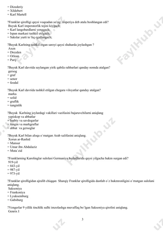 nrix i = gerbert ?otton i ning vengerlar bilan hal qiluvchi jangi qaysi hududda bo`lib o`tgan edi? lex daryosi bo`yida = chud ko`li atrofida = mansikertda = kulikova bo`yida ?962-yilda vujudga kelgan muqaddas rim imperiyasi tarkibiga germaniya hududidan tashqari yana qaysi hudud ham kirgan edi? italiyaning shimoli = ispaniyaning bir qismi = pireney yarim oroli = britaniya oroli ?zamondoshlari tomonidan ,, dunyo mo`jizasi “ deb nomlangan german qirolini aniqlang. otton iii = fridrix ii = genrix i = otton i ?butun xristian dunyosini rim imperatori hukmida birlashishi lozim deb hisoblagan yevropa qirolini aniqlang. otton iii = fridrix ii = genrix i = otton i ?muqaddas rim imperiyasi faoliyat davri to`g`ri berilgan javobni aniqlang. 962-1806 y = 756-919 y = 987-1328 y = 951-1258 y ?rimda ko`plab yepiskoplar ishtirokida o`zi yoqtirmagan papalardan birining ustidan sud jarayonini uyushtirib, uni tahqirli holda vazifasidan chetlatgan yevropa qirolini aniqlang. otton i = fridrix ii = …