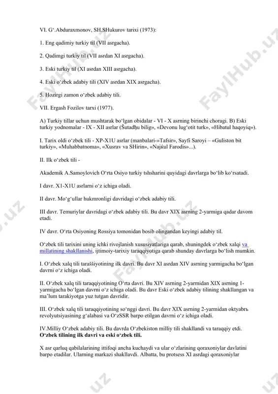 nda ayrim lingvistik belgilar hisobga olingan). v. v.a. bogoroditskiy (1921) tasnifida o‘rta osiyo guruhiga o‘zbek, uyg‘ur, qozoq, qirg‘iz, qoraqalpoq tillari kiritilgan. ularning ba’zilari turkiy tillarni hududiy - jug‘rofiy jihatdan tasnif qilsa, boqshalari tshsharning bir xil lingvistik beyagisiga asoslanadi. uchinchilarida turkiy tillar tarixi xalq tarixi bilan etarlicha bog‘lanmaydi. shular ichida n.a. baskov tasnifi ancha mukammal tuyuladi. 1. turk xoqonligi davrida qadimgi tug-yu turk tili (u1-1x asrlar). vi-viii asrlar; viii - ix asrlar). 2. qadimgi o‘zbek tili (1x-xn asrlar). 3. eski o‘zbek tilining ilk davri (xiii -xiv asrlar). 4. eski o‘zbek tili (xiv asrning oxiridan xix asr ii yarmigacha). 5. hozirgi zamon o‘zbek adabiy tili: a) xix asrning ii yarmidan oktyabr inqilobigacha bo‘lgan davr o‘zbek adabiy tili. b) sho‘ro davri o‘zbek milliy adabiy tili. vi. g‘.abduraxmonov, sh.shukurov tarixi (1973): 1. eng qadimiy turkiy til (vii asrgacha). 2. qadimgi turkiy til (vii asrdan xi asrgacha). 3. eski turkiy til (xi asrdan xiii asrgacha). …