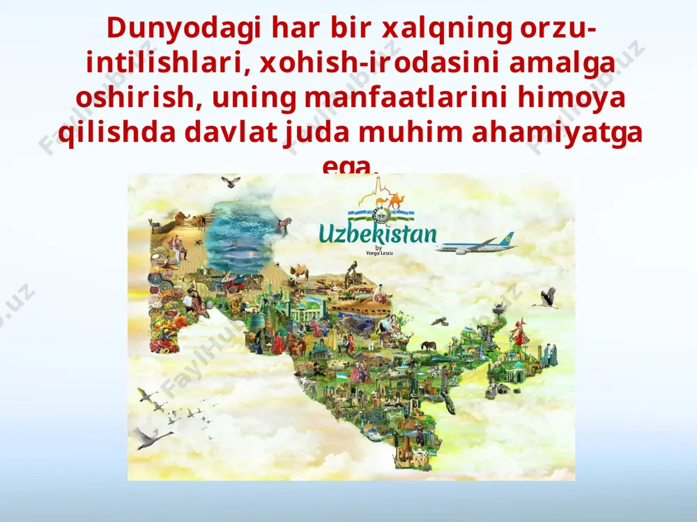 miyatini rivojlantirish konsepsiyasi bu borada muhim ahamiyatga ega bo‘ldi. ana shu konsepsiya asosida konstitutsiyamizga muhim o‘zgartish va qo‘shimchalar kiritildi, bir qancha qonun hujjatlari qabul qilindi. bularning barchasi o‘zbekistonning huquqiy demokratik davlat va fuqarolik jamiyati barpo etish yo‘lidan izchil va qat’iyat bilan borayotganini ko‘rsatadi. savol va topshiriqlar: 1. mahalla majlislarida sizning oilangizdan kimlar ishtirok etadi? 2. bu majlislarda nimalar haqida so‘z borishiga qiziqib ko‘rganmisiz? 3. rasmlardagi qadimiy qal’a va saroylar nima uchun qurilgan, deb o‘ylaysiz? 4. davlat bo‘lmasa, odamlar tinch va farovon yashashi mumkinmi? image2.jpeg image3.jpeg image4.jpeg image5.jpeg image6.jpeg image7.png image8.jpeg image9.jpeg image10.jpeg image11.jpeg image12.jpeg image13.jpg image14.jpeg image15.jpeg image16.jpeg image1.jpeg
