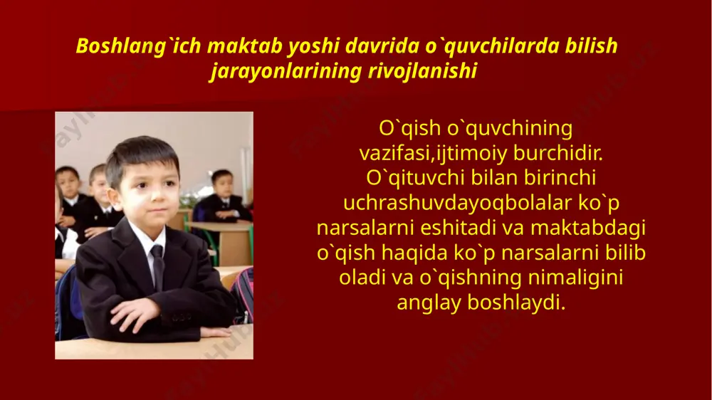 i tuplab olmaydilar. bunga sabab, faqat, shu yoshdagi bolalarda ixtiyoriy diqqatning rivojlanmaganligida emas, balki bolaning kattalar bilan muloqotga kirisha olishi xususiyatiga ham bog`liq. chunki, shu xususiyati rivojlangan bolalar erkin muloqotga kirisha oladilar, qiziqtirgan narsalar haqida suray oladilar. natijada ularning o`qishga bo`lgan qiziqishlari ortadi va o`qituvchi gapirayotgan narsalarni diqqat bilan o`zoq vaqt eshita oladilar. dеmak, bolaning maktabga tеz moslashishi va muvaffaqiyatli o`qishida shaxsiy va ijtimoiy-psixologik tayyorgarligining ham ahamiyati juda katta. bu davrda bolalarda avvalo bilish sohalari, so`ngra esa emotsional motivatsion yo`nalish bo`yicha yangi shaxsiy hayot boshlanadi. u yoki bu yo`nalishdagi rivojlanish obrazlilikdan ramzlikkacha bo`lgan bosqichlarni o`taydi. xulosa mamlakatimiz ta’lim tizimining boshlangʻich bosqichida zamonaviy yondashuvlar asosida rivojlantirish jarayoni kechmoqda. chunki boshlangʻich ta’lim undan keyingi ta’lim bosqichlari uchun eng muhim pogʻona hisoblanadi. shu jihatdan boshlangʻich sinf oʻquvchilarining malakasini takomillashtirish va unda talis xalqaro dasturiga aoslanish zaruriyat boʻlib turibdi foydalanilgan adabiyotlar жаббoрoва о., очагов ф. бoлалар педагoгикаси. - ^шкет; 2022 азимoва и., мавлoнoва к., …