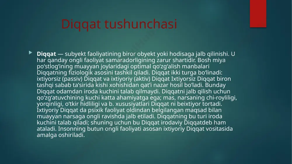 , o’qish va mehnat faoliyatlari jarayonida tarkib topib boradi. tasniflashda bir nechta yondashuvlar mavjud har xil turlari diqqat: etakchi analizatorga asoslanib, har xil narsalarga e'tibor qaratish, e'tibor jalb qilinadigan faoliyatning asosiy shakliga ko'ra va boshqalar. faoliyat shakli bo'yicha ajratmoq sezgi-idrok e'tibor, inson faoliyatining asosiy turi axborotni idrok etishda. bu e'tibor sezgilar ishi orqali amalga oshadi - masalan, darvozabonning to'pning maydon bo'ylab harakatlanishi yoki musiqa tinglayotgan odamning diqqatini. intellektual hal qilishda diqqat faollashadi fikrlash jarayonlari; vosita mushak tizimining ishini nazorat qilishda e'tibor muhim (masalan, sportchida murakkab harakatlarni bajarishda). ko'rinib turibdiki, ba'zi tadbirlar alohida e'tibor talab qiladi. shunday qilib, jarroh murakkab operatsiyani bajarayotganda diqqatning barcha uch turini faollashtiradi. e`tiboringiz uchun rahmat image6.jpeg image7.png image8.jpeg image9.gif image10.gif image1.jpeg image2.png image3.png image4.png image5.png /docprops/thumbnail.jpeg
