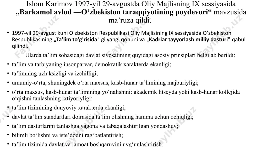 t universitetining filiali; bugungi kunda 125 otm lar o`z faoliyatini yuritmoqda aqsh, buyuk britaniya, koreya respublikasi, rossiya, hindiston, singapur, malayziya va boshqa davlatlar bilan hamkorlikda 22 ta xorijiy otm va filiallar faoliyat yuritmoqda singapur menejmentni rivojlantirish instituti, astraxan texnika universitetining toshkent viloyatidagi filiali va team universiteti, farg`onadagi koreya xalqaro universiteti kabi nodavlat ta`lim muassasalari faoliyat yuritmoqda. o‘zbekiston respublikasi prezidenti shavkat mirziyoyev 2017-yil 30-sentabrda “maktabgacha ta’lim tizimini boshqarishni takomillashtirish to‘g‘risida”gi farmonni imzoladi. unga ko‘ra, maktabgacha ta’lim vazirligi tashkil etildi. 2017-yil umumta’lim va o‘rta maxsus kasb-hunar ta’limi hamda oliy ta`lim tizimida tub islohotlar yili bo‘ldi. 2017-yilning o‘zida 10-sinf o‘quvchilari uchun 9 mln. nusxa darsliklar chop etildi va 10 mingga yaqin umumta’lim maktabida 11 yillik ta’limga o‘tilgan holda o‘qitish tizimi yo‘lga qo‘yildi. 2017-yil 16-noyabrda o‘zbekiston respublikasi prezidentining “respublika oliy ta’lim muassasalari bakalavriatiga kirish test sinovlarini o‘tkazish tartibini takomillashtirish to‘g‘risida”gi qarori qabul qilindi. unga muvofiq 2018–2019-o‘quv yilidan boshlab alohida iqtidor talab etiladigan madaniyat, san’at, …