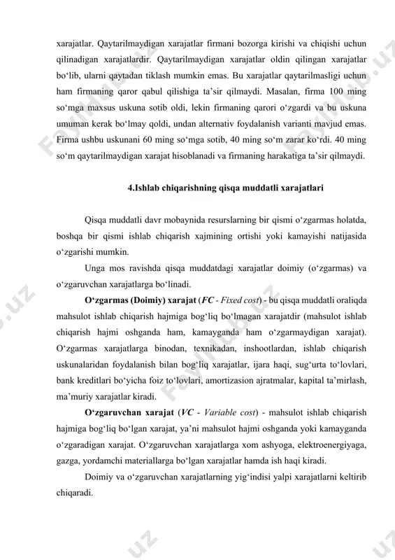 pi doimiy xarajatlar (tfc – total fixed cost) – barcha doimiy ishlab chiqarish omillariga bo‘lgan yalpi xarajatlar. tfc = p1q1+p2q2+...+pnqn p1,p2, pn - doimiy ishlab chiqarish omillarining narxlari, q1, q2, qn - doimiy ishlab chiqarish omillarining soni. yalpi o‘zgaruvchan xarajatlar (tvc – total variable cost) – barcha o‘zgaruvchan ishlab chiqarish omillariga bo‘lgan yalpi xarajatlar. tvc = p1q1+p2q2+...+pnqn p1,p2, pn - o‘zgaruvchan ishlab chiqarish omillarining narxlari, q1, q2, qn - o‘zgaruvchan ishlab chiqarish omillarining soni. tc = tfc+tvc chekli xarajatlar (mc - marginal cost) – firma bir-birlik qo‘shimcha ishlab chiqarish xajmi ortirishi evaziga qiladigan xarajati. mc = d tc/ dq = tc’(q)= tvc’(q) o‘rtacha yalpi xarajatlar (atc - average total cost) - yalpi xarajatni ishlab chiqarilgan mahsulot miqdoriga bo‘lish yo‘li bilan aniqlash mumkin: atc = tc/q, atc = afc+ avc=(fc+vc)/q o‘rtacha doimiy xarajatlar (afc – average fixed cost) - yalpi doimiy xarajatni ishlab chiqarilgan mahsulot miqdoriga bo‘lish yo‘li bilan aniqlash mumkin: …