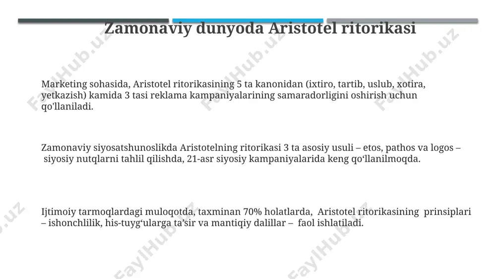 ni bayon etadi. ushbu asar ritorikaning klassik nazariyasini shakllantirishda muhim rol o'ynab, 2000 yildan ortiq vaqt davomida nutq san'ati va ishontirish usullarini o'rganishga asos bo'lib xizmat qiladi. e'tiboringiz uchun rahmat @taqdimot_robot image1.jpeg