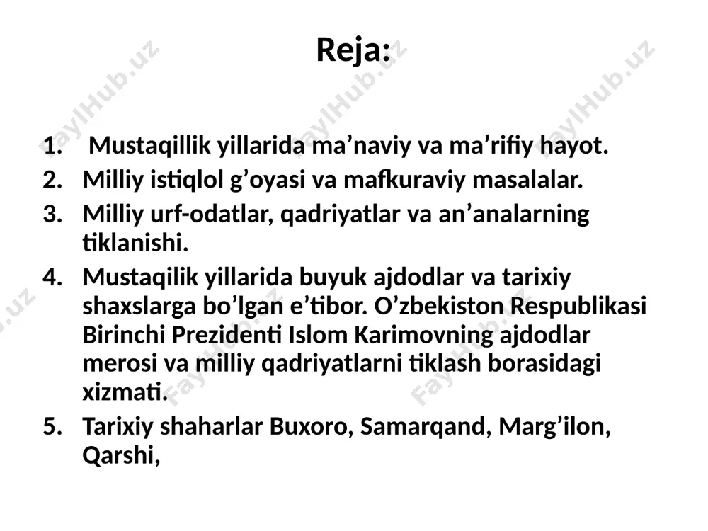 axsiy fojeasiga aylanib qolgan edi. biroq og‘ir judoliklarga qaramasdan, xalqimiz ongini yo‘qotmadi, o‘zining boy ma’naviy merosini, milliy qadriyatlarini avaylab saqlab, boyitib keldi. 1989-yil 21-oktyabrda davlat tilining qabul qilinishi o’zbek xalqi uchun o’z tiliga ega bo’lganligi mustaqillikka qo’yilgan ilk qadam bo’ldi. o‘zbek tiliga - davlat tili maqomini berish jarayoni: davlat tili maqomi berilishi mustamlakachilik yillarida inson ma’naviy hayotining ajralmas qismi bo’lgan diniy e’tiqodga bo’lgan munosabat: sobiq sovet ittifoq tashkil etilgan kundan e’tiboran hukumat barcha madrasa va masjidlarni yopti. 1943 yilgacha o’zbekistonda ochiq holda na masjid va na madrasa faoliyat yuritmadi. sho’rolar ularni turli omborxonalarga, cho’chqaxonalarga aylantirdi. 1943 yil oktyabr oyida bo’lib o’tgan musulmonlarning birinchi qurultoyida o’rta osiyo va qozog’iston musulmonlarining diniy idorasi boshqarmasi tashkil etilgandan so’ng, to 1991 yilga qadar bor-yo’g’i 84 ta masjid faoliyat yuritgan. 1971 yilgacha butun sssr musulmonlari uchun bitta — buxorodagi mir arab madrasasi faoliyat yuritgan xolos. unda bor-yo’g’i 60 nafar talaba o’qigan. mustaqillik yillarida diniy e’tiqodga …