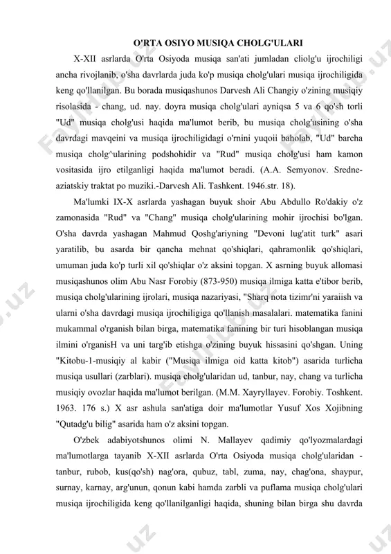 d katta kitob") asarida turlicha musiqa usullari (zarblari). musiqa cholg'ularidan ud, tanbur, nay, chang va turlicha musiqiy ovozlar haqida ma'lumot berilgan. (m.m. xayryllayev. forobiy. toshkent. 1963. 176 s.) x asr ashula san'atiga doir ma'lumotlar yusuf xos xojibning "qutadg'u bilig" asarida ham o'z aksini topgan. o'zbek adabiyotshunos olimi n. mallayev qadimiy qo'lyozmalardagi ma'lumotlarga tayanib x-xii asrlarda o'rta osiyoda musiqa cholg'ularidan - tanbur, rubob, kus(qo'sh) nag'ora, qubuz, tabl, zuma, nay, chag'ona, shaypur, surnay, karnay, arg'unun, qonun kabi hamda zarbli va puflama musiqa cholg'ulari musiqa ijrochiligida keng qo'llanilganligi haqida, shuning bilan birga shu davrda "rost", "xusravoniy", "boda", "ushshoq", "zurafkand", "bo'slik", "sipaxon". "navo", "basta", "tarona" va juda ko'p musiqiy asarlar ijro etilganligi haqida ma'lumot bergan. (n.m. mallaeyv. o'zbek adabiyoti tarixi. toshkent 1965. 94 s). tibbiyot dunyosining allomasi abu ali ibn sino (980-1037) ham musiqa ilmiga katta e'tibor"bergan. ba'zi musiqiy risolalarda zikr etilishicha abu ali ibn sino go'yo sulton mahmud g'aznaviv. nosir xusravlar bilan birgalikda …