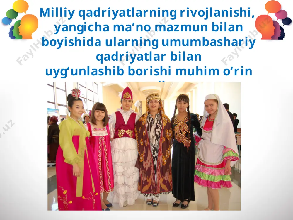 tivali, italyan operasiga bag‘ishlangan festival, xalqaro foto biyenallilar, turli ilmiy-amaliy anjumanlar, umumbashariy qadriyatlar rivojiga katta hissa qo‘shayotganidan dalolat beradi. savol va topshiriqlar: 1. ushbu rasmlarda milliy va umumbashariy qadriyatlar qanday aks ettirilgan? 2. qaysi so‘zlarimizni boshqa tillarga tarjima qilish qiyin va nima uchun? 3. yoqimli chet el musiqasini eshitganda tarjimon kerakmi? 4. jahon yozgi olimpiadasi o‘yinlarini umumbashariy qadriyatlar qatoriga qo‘shish mumkinmi? 5. «sumalak» so‘zining ma’nosini kattalardan so‘rab biling. 6. navro‘zning birinchi kuni qaysi oyning qaysi kunidan boshlanadi? image2.png image3.jpeg image4.jpeg image5.jpeg image6.jpeg image7.jpeg image8.jpeg image9.jpg image10.emf image11.emf image12.jpeg image13.jpeg image14.jpeg image15.jpeg image16.jpeg image1.jpg