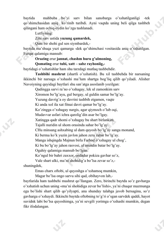 lgan o’xshatish «tashbehi mufassal» deb ataladi. she’riyatda vajhi shibh qo’llanmasligi ham mumkin. masalan, muqimiyning: ko’zlariig cho’lpona o’xshar, qoralig’da sochlaring, orazing oydin munavvar, osmondir qoshlaring, – baytidagi «ko’zlaring cho’lpona o’xshar» degan tasvirda «ko’zlaring» – mushabbah, «cho’lpona» – mushabbah bih, «o’xshar» so’zi esa vositai tashbeh (odoti shibh) bo’lib, vajhi shibh tushirib qoldirilgan. bu xil o’xshatish «tashbehi mujmal» sanaladi. tashbeh san’atining bir necha turi mavjud bo’lib, ular tashbehi mutlaq, tashbehi mashrut, tashbehi tasviyat, tashbehi aks, tashbehi izmor, tashbehi tafzil va tashbehi mo’’kad nomlari bilan yuritiladi. tashbehi mutlaq. «aniq o’xshatish» ma’nosini ifodalovchi bu xil san’at go’yo, singari, -day, -dek kabi so’z yoki qo’shimchalar (odoti tashbeh) bilan qo’llangan, shuningdek, shart, kinoya, tasviyat, aks, izmor va tafzildan holi bo’lgan tashbehnianglatadi. masalan, xorazmiy «muhabbatnoma»sidagi: bo’yung sarvu sanubartek, beling – qil, vafo qilg’on kishilarga vafo qil,- baytida mahbuba bo’yi sarv bilan sanobarga o’xshatilganligi -tek qo’shimchasidan aniq ko’rinib turibdi. ayni vaqtda uning beli qilga tashbeh qilingani ham ochiq-oydin ko’zga …