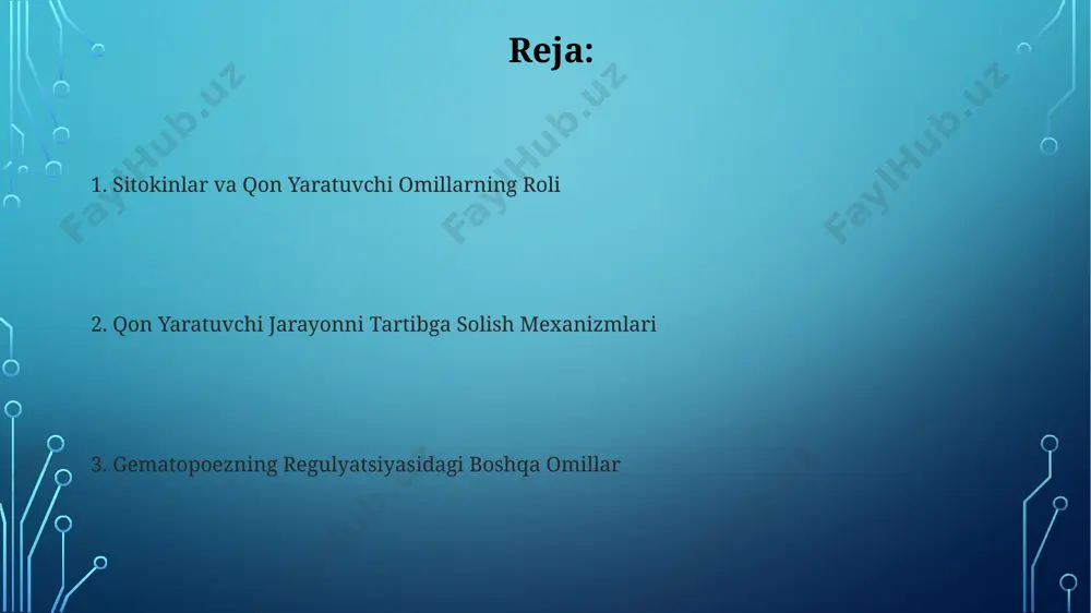 asligi trombotsitopeniyaga olib kelishi mumkin. gormonlar, masalan, interleykin-3 va granulosit-makrofage koloniya stimulyatsion omili (gm-csf) kabi sitokinlar, leykotsitlarning turli xil turlarining hosil boʻlishini tartibga soladi va immun tizimining funksiyasini qoʻllab-quvvatlaydi. gematopoezning buzilishi gematopoezning buzilishi, masalan, aplastik anemiya, suyak ko'migining 50% dan ortiq funksiyasining yo'qolishi bilan tavsiflanadi va bu qon hujayralarining keskin pasayishiga olib keladi. qon hujayralarini hosil qilish jarayonining buzilishi, ya'ni gematopoez, eritropoetin (epo) yoki granulotsit-makrofag koloniya stimulyatsion omili (gm-csf) kabi sitokinlar darajasining 20% dan ortiq o'zgarishiga olib kelishi mumkin. transkripsiya omillarining ahamiyati транскрипция омилларининг мутациялари, мисол учун, runx1 генидаги мутациялар, оқ қон касалликларининг 10% гачасини келтириб чиқаради ва гемопоэзнинг жиддий бузилишига олиб келиши мумкин. scf, epo каби цитокинларнинг транскрипциясини тартибга солиш орқали, гемопоэз жараёнларининг 50% гачасини назорат қилади ва эритропоэз каби муҳим жараёнларни бошқаради. genetik nazorat runx1 va fli1 kabi transkripsiya omillari, gemopoezning dastlabki bosqichlarida hujayra differentsiatsiyasi va o'sishini boshqaruvchi yo'llarga bog'liq holda 20 dan ortiq maqsadli genlar bilan o'zaro …