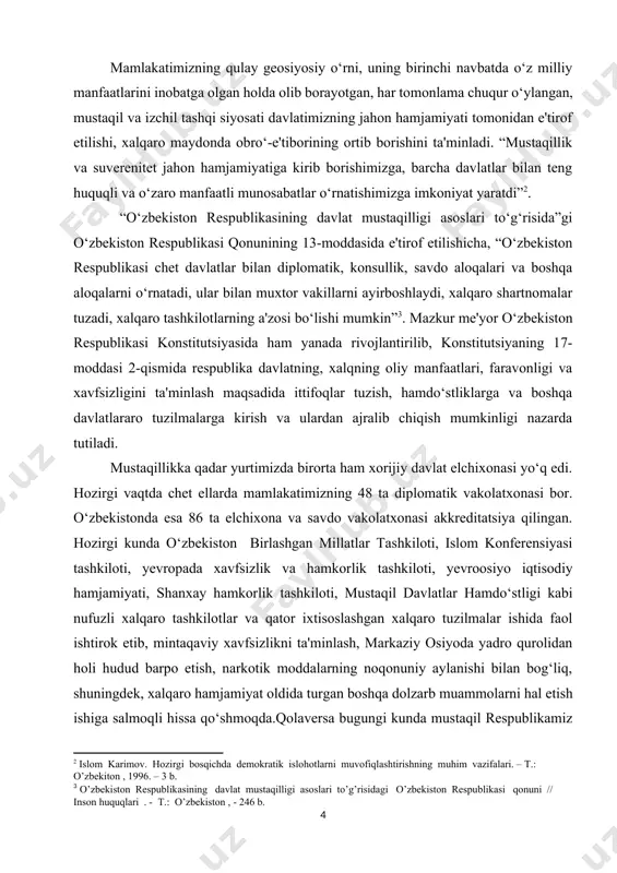 da.qolaversa bugungi kunda mustaqil respublikamiz dunyoning ko’plab davlatlari bilan o’zaro iqtisodiy xamda madaniy,savdo-sotiq va diplomatik, elchilik aloqalarini to’g’ri yo’lga qo’yib kelmoqda.bunday aloqalarda birinchi navbatda o’zimizning yon qo’shnilarimiz bo’lmish markaziy osiyo davlatlari yetakchi o’rinni egallaydi. ushbu jihatlar mavzuning dolzarbligini belgilaydi. ishning maqsad va vazifalari: tarixdan ma'lumki hech bir davlat boshqa davlatlar bilan ijtimoiy-iqtisodiy, siyosiy va madaniy hamkorliksiz rivojlana olmaydi va taraqqiyotga erisha olmaydi. shu nuqtai nazardan o‘zbekiston respublikasining xorijiy davlatlar, xalqaro va regional tashkilotlar jumladan markaziy osiyo davlatlari bilan mintaqada barqarorlikni ta'minlash hamda barqaror rivojlanish masalalarida olib borayotgan o’zaro hamkorlikni tadqiq etish. shundan kelib chiqib quyidagi vazifalarni belgilab olindi : - o‘zbekiston respublikasining jahon xamjamiyatiga qo‘shilishi jarayonlarini tarixiy nuqtai nazardan o‘rganish va tahlil qilish; - yevroosiyoda hozirgi davrda xavfsizlik masalalarini tahlil qilish; - o‘zbekiston respublikasining markaziy osiyo mamlakatlari bilan aloqalari va tutgan o‘rni o‘rganish; - o‘zbekiston shanxay hamkorlik tashkiloti doirasida markaziy osiyo davlatlari bilan olib borayotgan hamkorlik aloqalarini tahlil qilish; - …