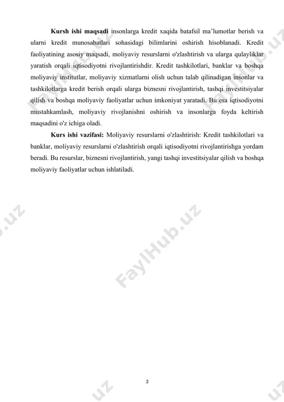 ning o’rni muhim hisoblanadi. boshqacha aytganda korxonalarning bozor iqtisodiyoti sharoitida ish yuritishida ishlab chiqarish jarayonining o’zluksizligini ta’minlash, korxonaning asosiy va aylanma fondlarining aylanishini to’xtab kolishiga yo’l qo’ymaslik, korxonalarni moliyaviy resurslari bilan ta’minlash, korxonalar tomonidan tovar mahsulotini sotganda, sotilgan tovar uchun to’lov summmasini olish va boshqa obyektiv va subyektiv sabablar kreditning zarurligiga olib keladi. kredit, boʻsh turgan pul mablagʻlarini ssuda fondi shaklida toʻplash va ularni pulga muhtoj boʻlib turgan yuridik va jismoniy shaxslarga ishlab chiqarish va boshqa ehtiyojlari uchun maʼlum muddatga, foiz toʻlovlari bilan qaytarish shartida qarzga berish munosabatlarini ifodalaydi. kredit (lot. creditum — qarz, credo — ishonaman,maqullayman) — pul mablagʻlari, tovar va xizmatlarni kelishilgan ustama (foiz) toʻlab qaytarib berish sharti bilan maʼlum muddatlarga qarzga berish. qarzga mablagʻ beruvchi tomon kreditor (davlat, bank, korxona, xususiy shaxs va boshqalar), ssuda oluvchi tomon esa debitor (qarzdor) deyiladi. kredit kelishuvi qarzdan foydalanish shartlari kayd etilgan shartnoma bilan rasmiylashtiriladi. k. muomalasi qarz beruvchi va qarz …