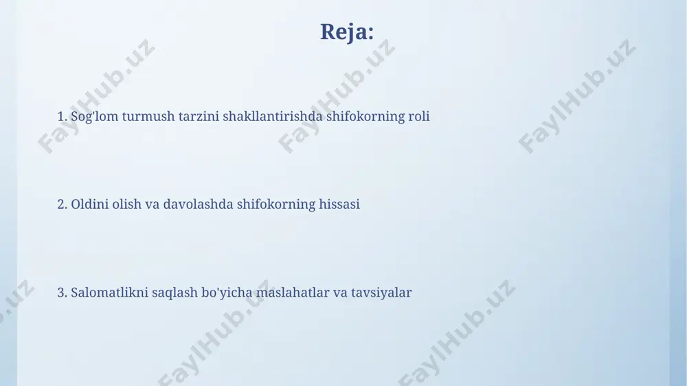 ini shakllantirishda shifokorlar 2023-yilda oʻzbekistonning 15 ta viloyatida teletibbiyot xizmatlaridan foydalanib, bemorlarga masofadan turib maslahatlar berish va yordam koʻrsatish imkoniyatiga ega boʻlishdi. sog'liqni saqlashga oid bilimlarni oshirish samarqand viloyatida oʻtkazilgan sogʻlom turmush tarzini targʻib qilish dasturi 5000 dan ortiq odamni qamrab oldi, ularning 85% oʻzlarining jismoniy faollik darajasini oshirishgan. sogʻliqni saqlash boʻyicha 2023-yilgi milliy tadqiqotlar shuni koʻrsatdiki, oʻzbekistonning 70% aholisi toʻgʻri ovqatlanish va jismoniy faoliyat haqida yetarli maʼlumotga ega emas. jismoniy faollikni rag'batlantirish toshkent shahridagi tadqiqotlar shuni ko'rsatdiki, muntazam jismoniy faollik bilan shug'ullanuvchi 100 kishidan 75 tasi yurak-qon tomir kasalliklari xavfini 30% ga kamaytirgan. sog'lom turmush tarzini shakllantirishda shifokorlar 30 daqiqadan kam bo'lmagan jismoniy faollikni, masalan, tez yurish yoki velosipedda yurishni, haftasiga kamida 5 kun taklif qilishi mumkin. sog'lom turmush tarzini shakllantirishda shifokorning roli sog'lom turmush tarzini shakllantirishda shifokor, masalan, toshkentdagi 30 yoshdan oshgan 100 bemor ustida o'tkazilgan tadqiqotlarga ko'ra, to'g'ri ovqatlanish va jismoniy faollik bo'yicha samarali maslahatlar beruvchi mutaxassis …