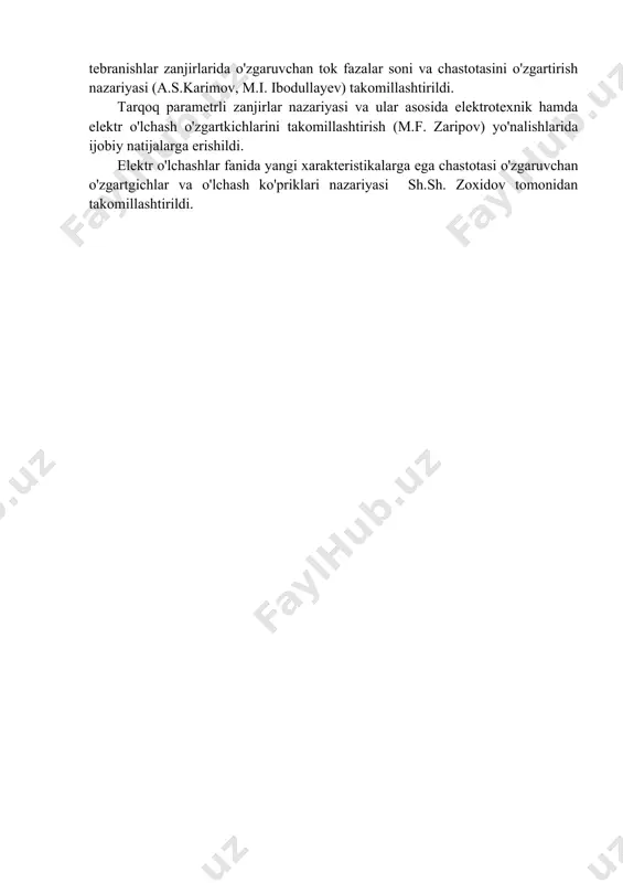 (1948 y.) taklif etdilar. 1904 yilda peterburg politexnika institutida professor v.f. mitkevich "elektr va magnit xossalari" fanidan, 1915 yilda moskva bauman oliy texnika o'quv yurtida professor k.a. krug "o'zgaruvchan toklar nazariyasi" fanidan ma'ruzalar o'qidi. o'zbekistonda energetika va elektrotexnika fanlarini o'rganish va rivojlantirish xx-asrning 30 yillaridan boshlandi. respublikadagi energetika va elektrotexnikaning asosiy ilmiy yo'nalishlari n. shcherdin va akademik x. fozilov rahbarligida belgilandi va elektr stansiyalar elektr tizimi va jihozlarini takomillashtirish, puxtaligini oshirish, samaradorligini ko'tarishga qaratildi. elektr tizimlarini hisoblashning ixcham usullari (x.fozilov, k.r. allayev, t.x. nosirov, 1960-70 yillar) taklif etildi. elektr tizimlari rejimini ifodalaydigan katta o'lchamli nochiziq tenglamalarni yechish (s. solihov) masalalari tadqiq qilindi. an'anaviy energiya hamda tiklanuvchi energiyadan kompleks foydalanish (r.a. zoxidov) masalalari xalq xo'jaligi uchun muhim ahamiyat kasb etadi. 1970-1980 yillarda akademik j.abdullayev tomonidan energetika tizimlarida o'lchash texnikasi aniqligi, puxtaligi va samaradorligini oshirish bo'yicha muhim tadqiqotlar amalga oshirildi. shu yillarda o'zbek olimlari (m.z.xomidxonov, s.z.usmonov, n.m.usmonxodjayev, m.xusanov, o.o.xoshimov, k.mo'minov) avtomatlashgan elektr …