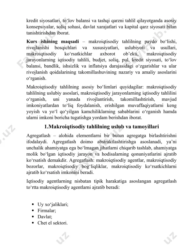a boyliklar taqsimotiga, ishlab chiqaruvchilar va iste’molchilar faoliyatiga ta’sir etuvchi budjet, soliq, pul-kredit siyosatlari, to‘lov balansi va tashqi qarzni tahlil qilayotganda asosiy konsepsiyalar, soliq sohasi, davlat xarajatlari va kapital qarz siyosati bilan tanishtirishdan iborat. kurs ishining maqsadi – makroiqtisodiy tahlilning paydo bo‘lishi, rivojlanishi bosqichlari va xususiyatlari, uslubiyoti va usullari, makroiqtisodiy ko‘rsatkichlar axborot ob’ekti, makroiqtisodiy jarayonlarning iqtisodiy tahlili, budjet, soliq, pul, kredit siyosati, to‘lov balansi, bandlik, ishsizlik va inflatsiya darajasidagi o‘zgarishlar va ular rivojlanish qoidalarining takomillashuvining nazariy va amaliy asoslarini o‘rganish. makroiqtisodiy tahlilning asosiy bo‘limlari quyidagilar: makroiqtisodiy tahlilning uslubiy asoslari, makroiqtisodiy jarayonlarning iqtisodiy tahlilini o‘rganish, uni yanada rivojlantirish, takomillashtirish, mavjud imkoniyatlardan to‘liq foydalanish, erishilgan muvaffaqiyatlarni keng yoyish va yo‘l qo‘yilgan kamchiliklarning sabablarini o‘rganish hamda ularni imkoni boricha tugatishga yordam berishdan iborat. 1.makroiqtisodiy tahlilning uslub va tamoyillari agregatlash – alohida elementlarni bir butun agregatga birlashtirishni ifodalaydi. agregatlash doimo abstraktlashtirishga asoslanadi, ya’ni unchalik ahamiyatga ega bo‘lmagan jihatlarni chiqarib tashlab, ahamiyatga molik bo‘lgan iqtisodiy …
