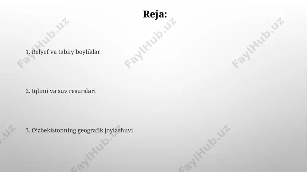 lari, oʻzining noyob oʻsimlik va hayvonot olami bilan ajralib turadi va ularda 100 dan ortiq baliq turi yashaydi. tuproq va oʻsimlik dunyosi qoraqalpogʻiston respublikasining amudaryo deltasida, tuproqning shoʻrxokligi tufayli, shoʻrga chidamli oʻsimliklar, masalan, yovvoyi shoʻra va qamish oʻsadi. oʻzbekistonning 50% dan ortiq hududini choʻl va choʻl dashtlari egallagan boʻlib, bu hududlarda shuvoq, saksovullar kabi chidamli oʻsimliklar ustunlik qiladi. hayvonot dunyosi qoraqalpog'iston cho'llarida 40 ga yaqin sutemizuvchi turi, shu jumladan, kulrang jayra, qum tulki va jayronlar uchraydi. farg'ona vodiysida 200 dan ziyod qushlar, 50 dan ortiq sudralib yuruvchilar va amfibiyalar turlari mavjud bo'lib, ularning aksariyati endemik hisoblanadi. tabiiy boyliklari qoraqalpogʻiston respublikasida 200 dan ortiq turdagi foydali qazilmalar, jumladan, uran, oltin va mis konlari aniqlangan. oʻzbekistonning janubiy hududlarida, xususan, qashqadaryo viloyatida 60 milliard tonnadan ziyod qoʻrgʻoshin-rux rudalari zaxirasi mavjud. e'tiboringiz uchun rahmat @taqdimot_robot image3.png image4.jpg image5.jpg image6.jpg image7.jpg image8.jpg image9.jpg image10.jpg image11.jpg image1.png